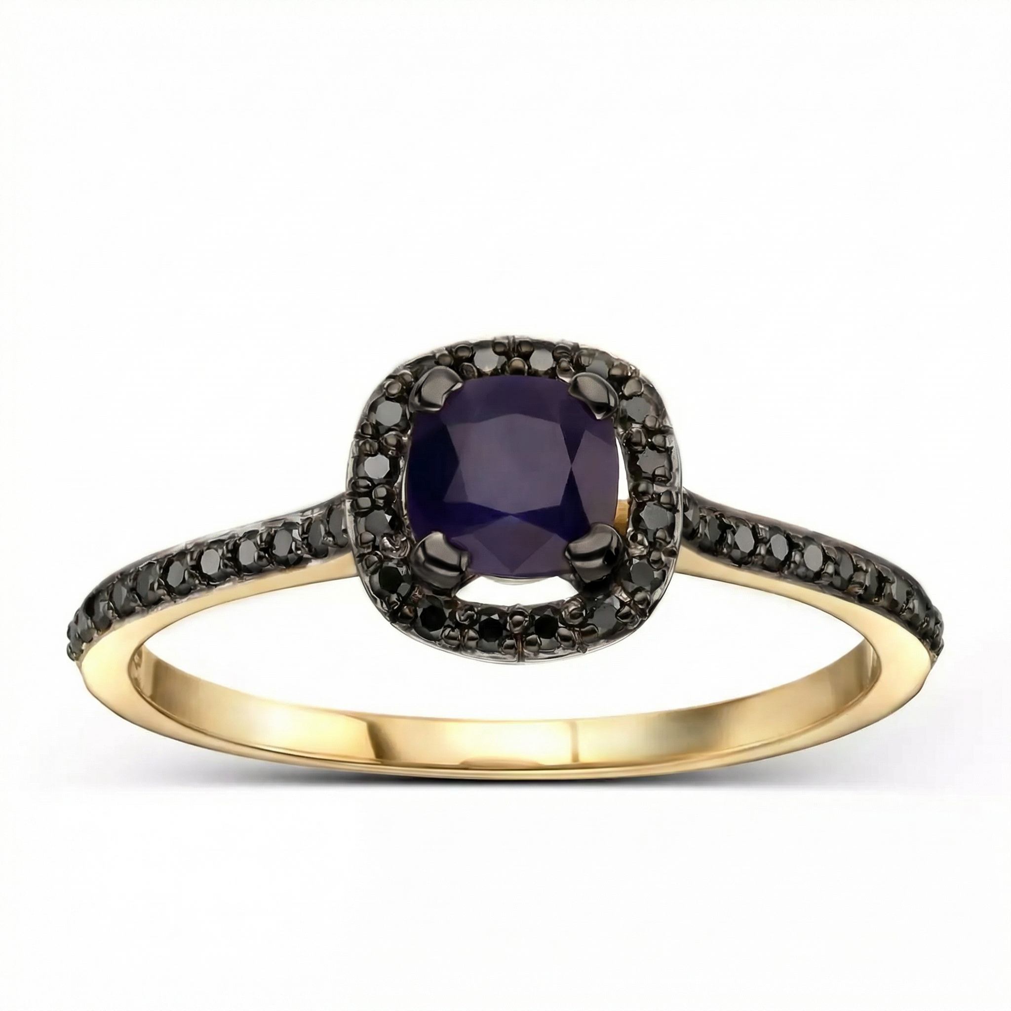 Pierścionek złoty z szafirem i czarnymi diamentami naturalnymi, próba 585