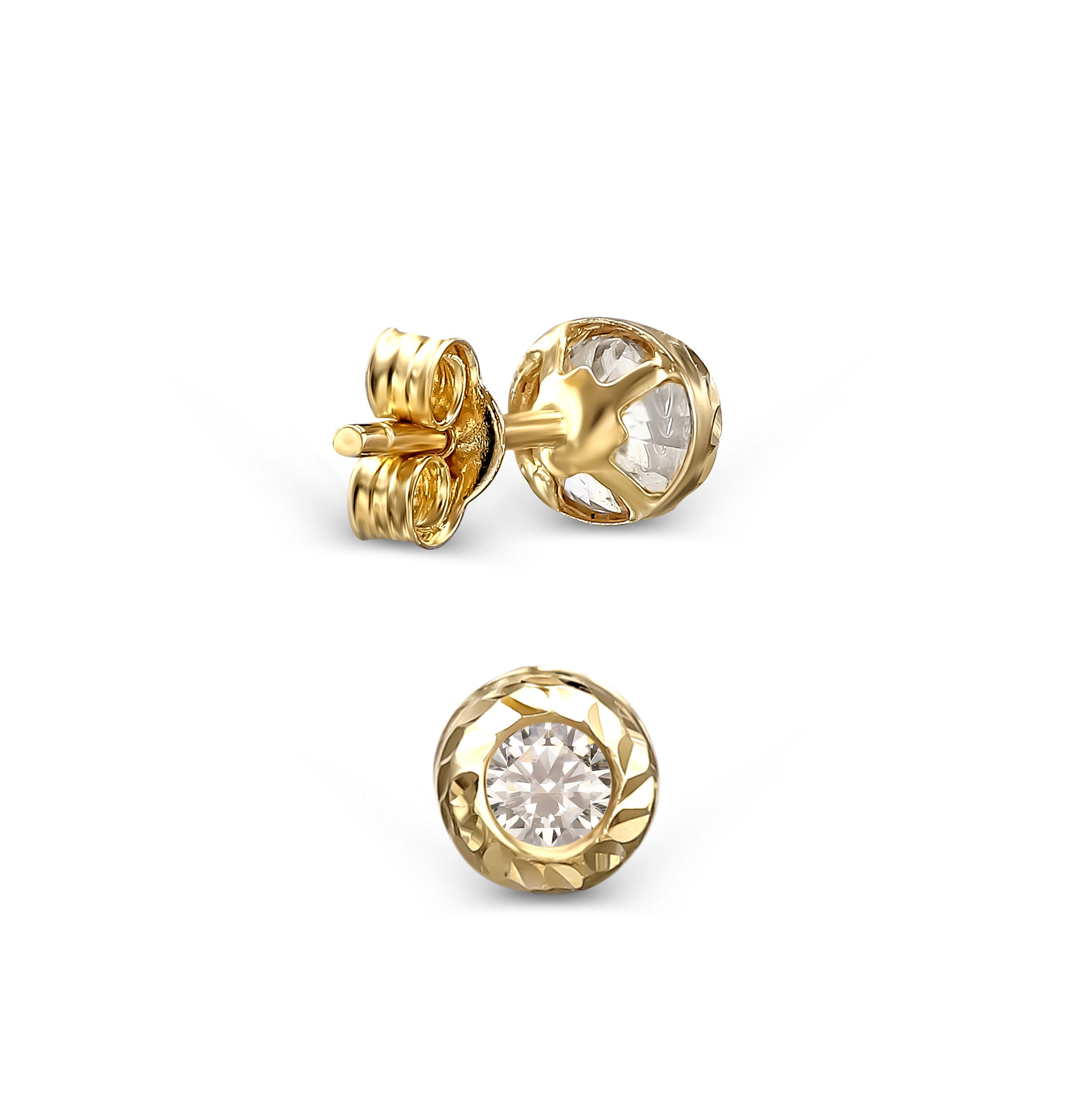 Kolczyki złote sztyfty z cyrkonią w grawerowanej oprawie 4 mm, próba 585
