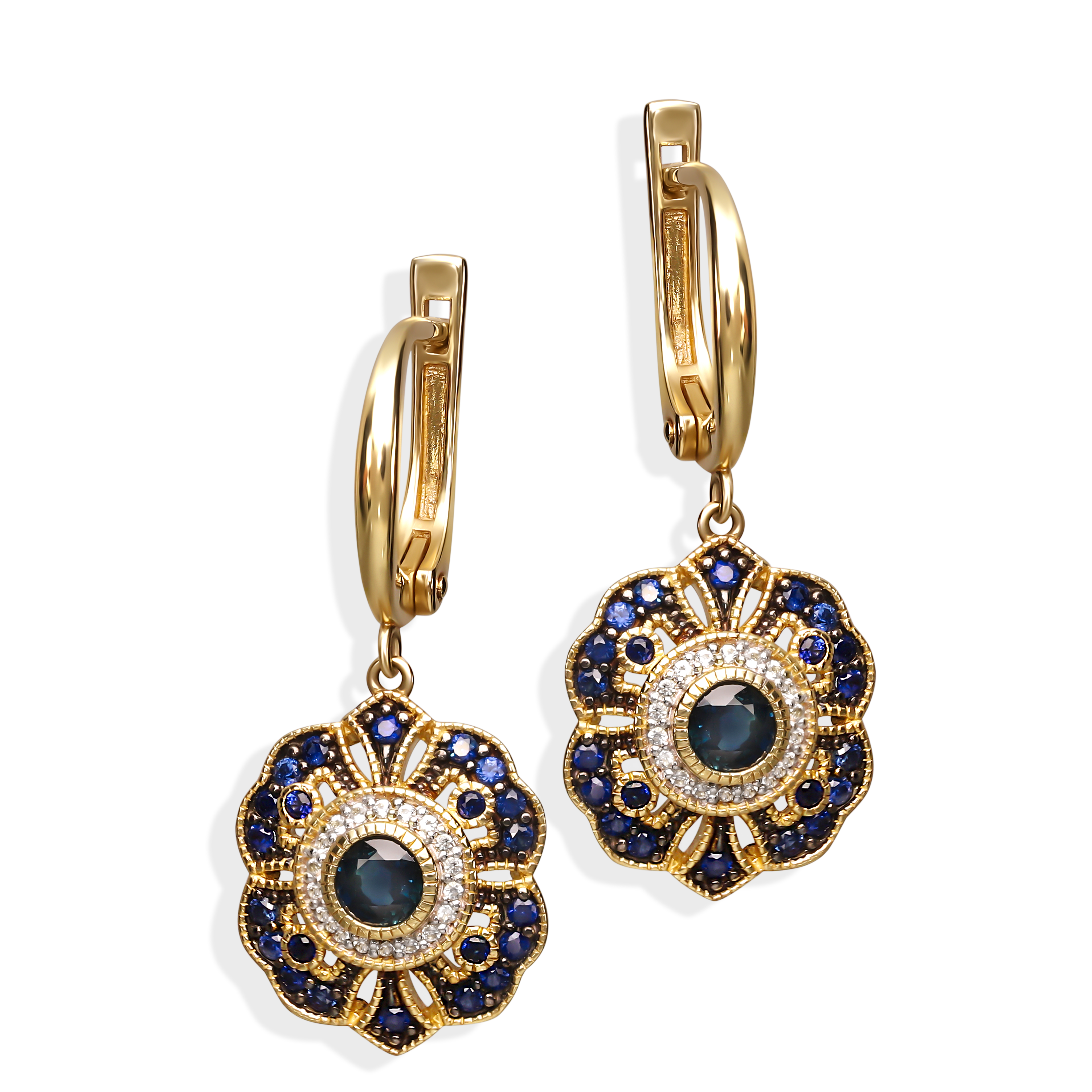 Kolczyki złote vintage z szafirami 1.31 ct i topazami białymi, próba 585