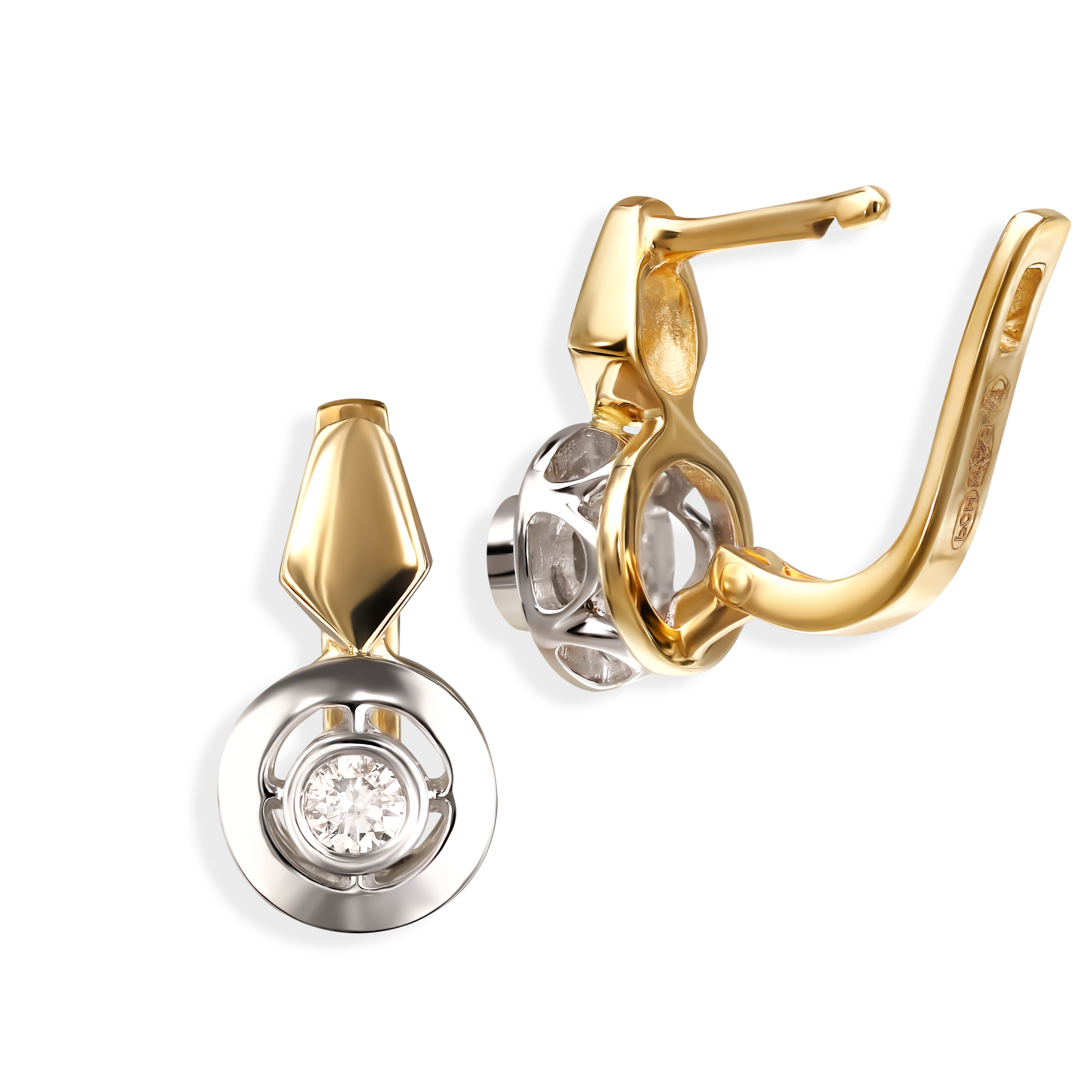 Kolczyki złote okrągłe na angielskim zapięciu z diamentami naturalnymi 0.18 ct, próba 585