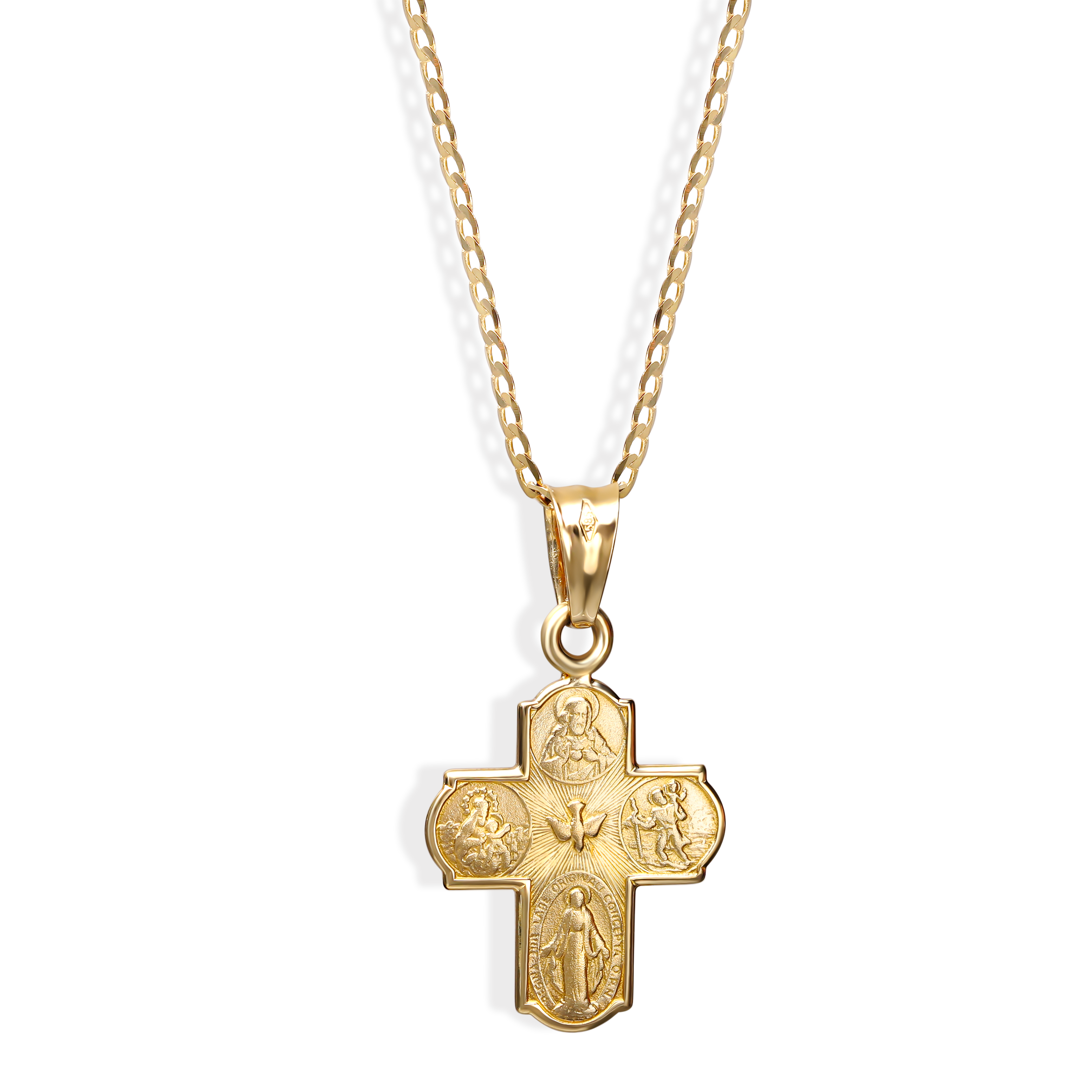 Krzyżyk złoty z Jezusem i ornamentami religijnymi, próba 585