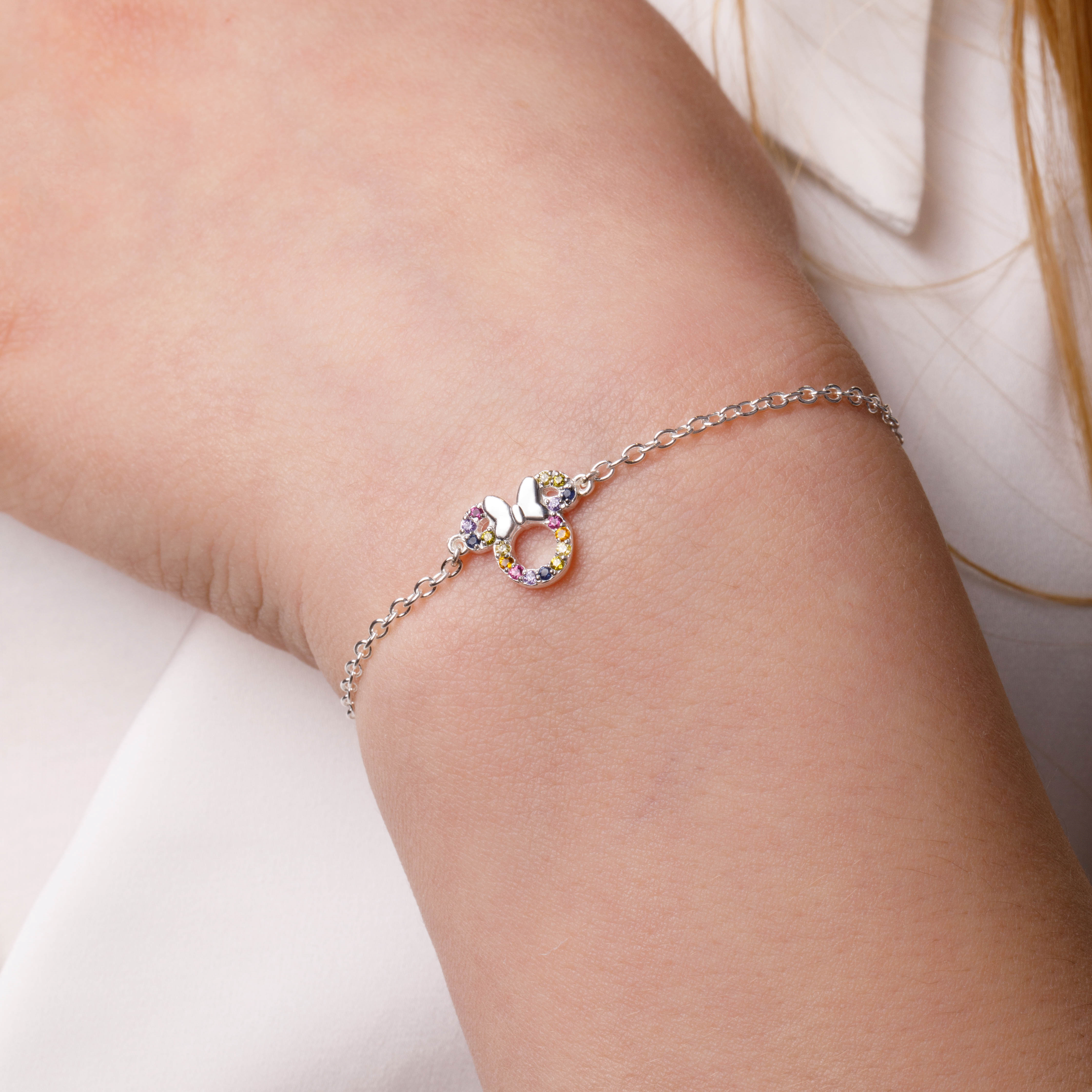 Srebrna bransoletka z kolorowymi cyrkoniami Myszka Mickey i Minnie, próba 925