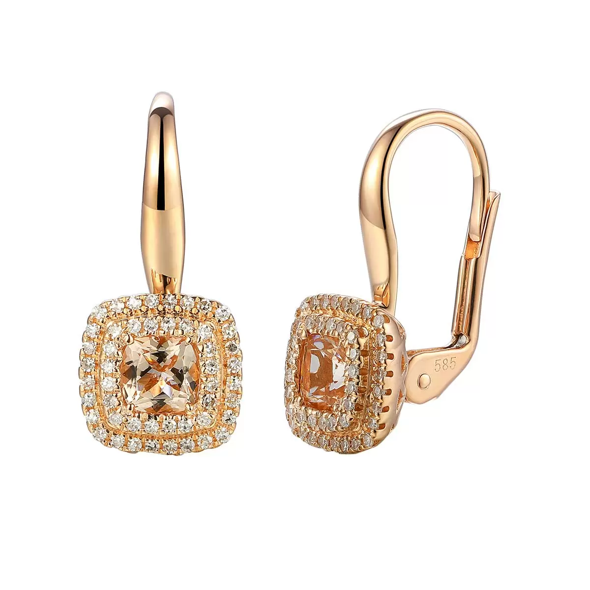 Kolczyki z różowego złota z morganitami i diamentami naturalnymi, próba 585