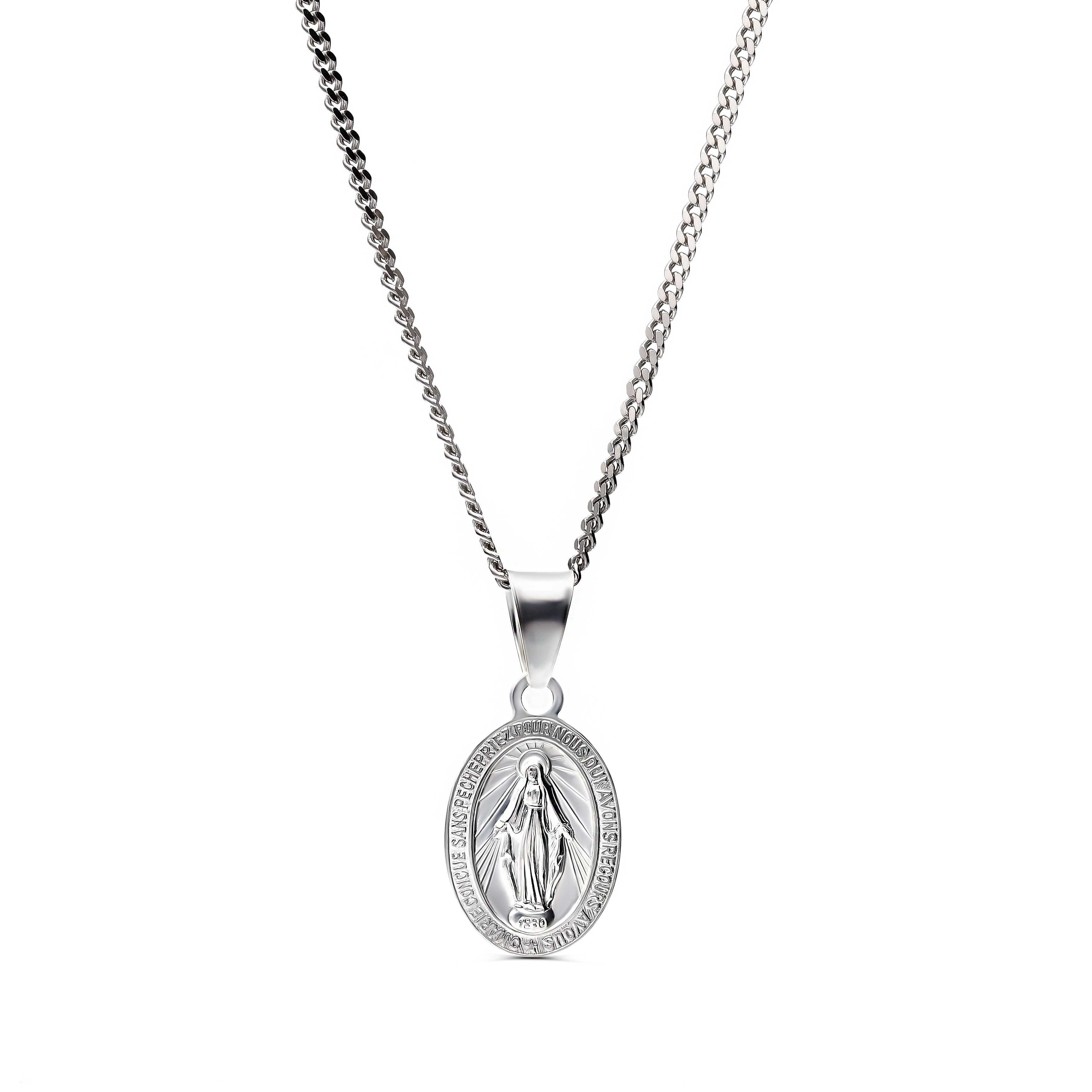 Srebrny cudowny medalik z wizerunkiem Matki Boskiej, próba 925. Cena dotyczy zawieszki.