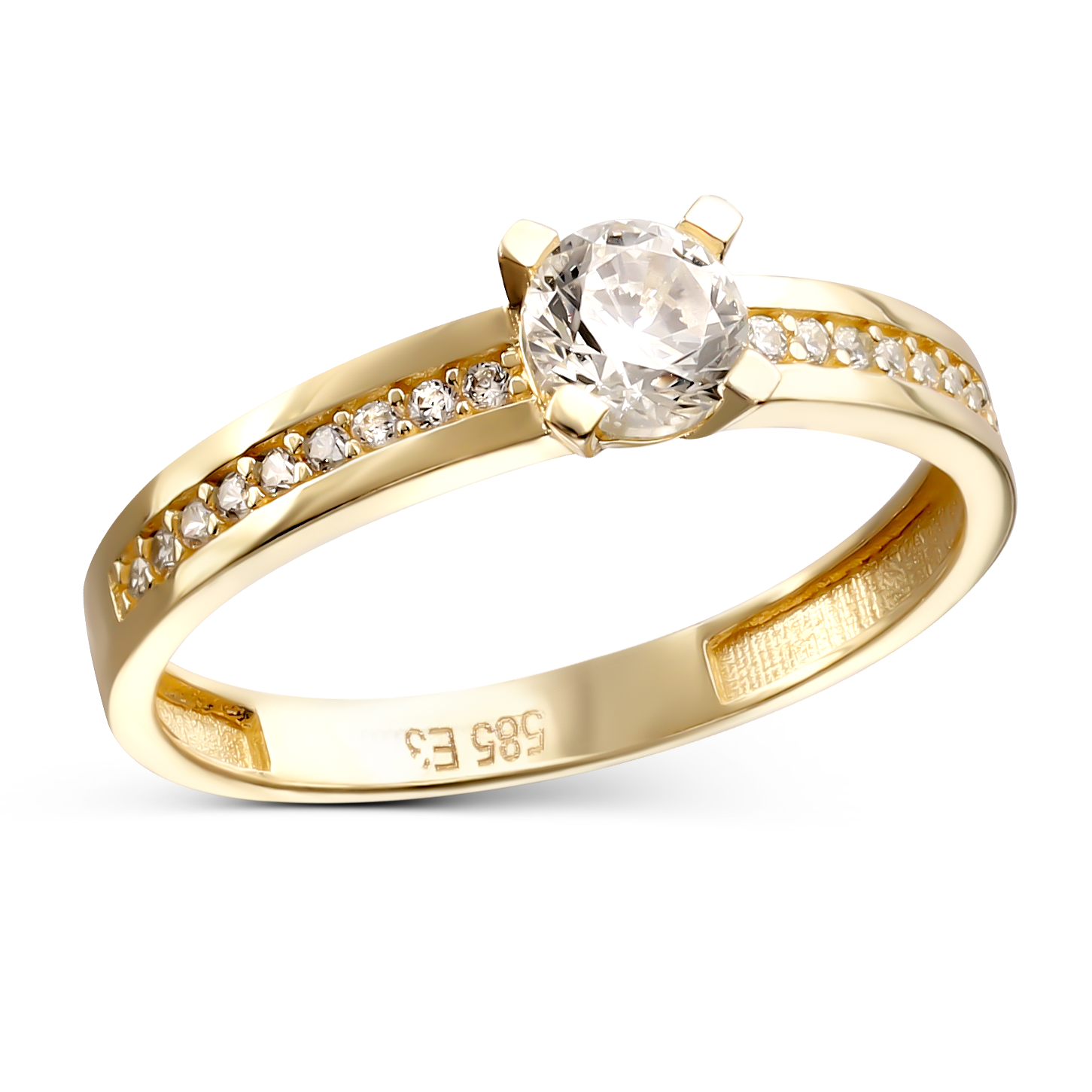 Pierścionek złoty z cyrkoniami w koronie i obrączce, rozmiar 15, próba 585