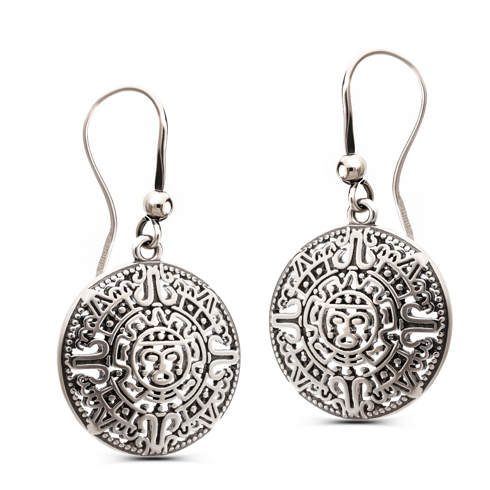 Kolczyki srebrne wiszące wzór aztecki, próba 925