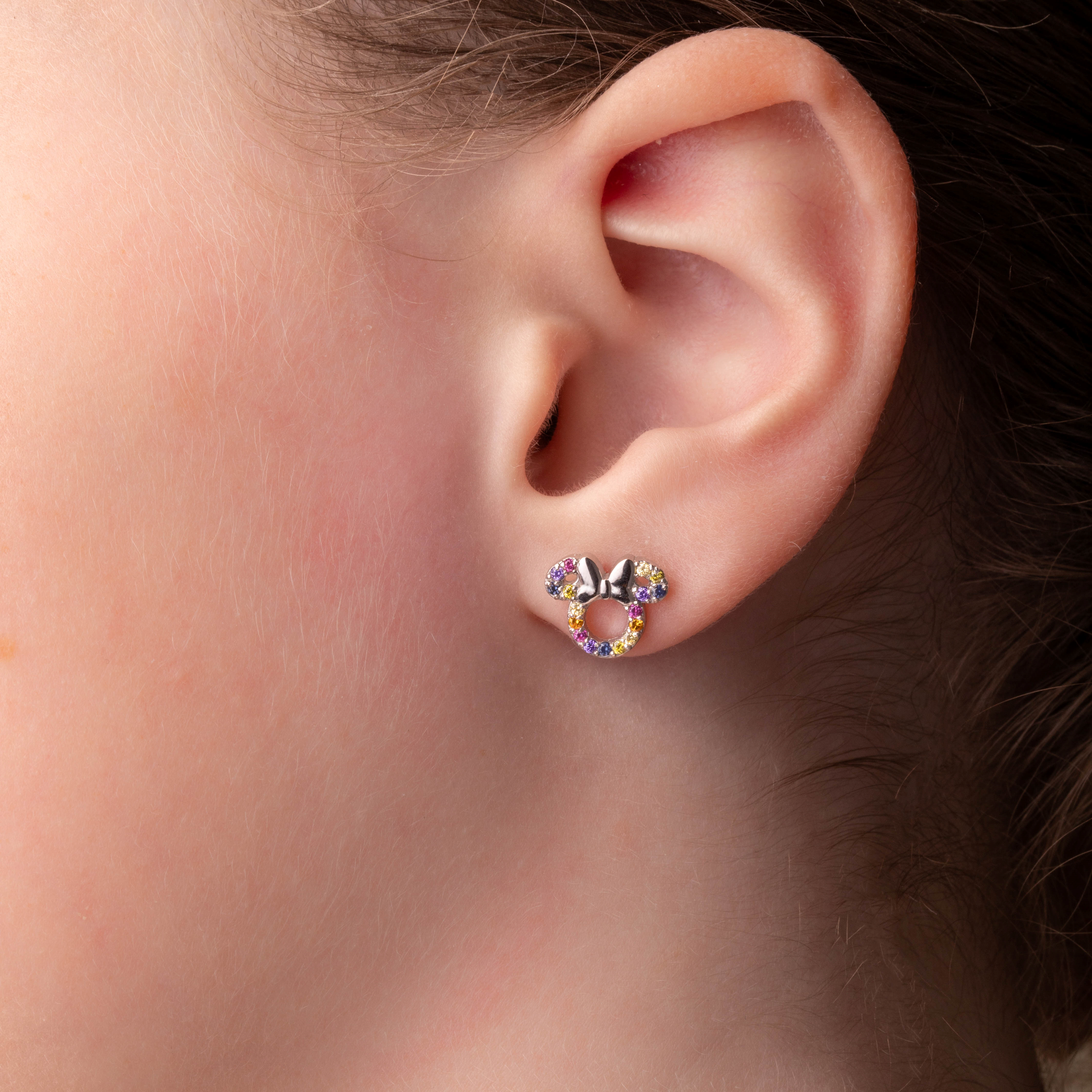 Srebrne kolczyki z cyrkoniami Myszka Minnie, próba 925