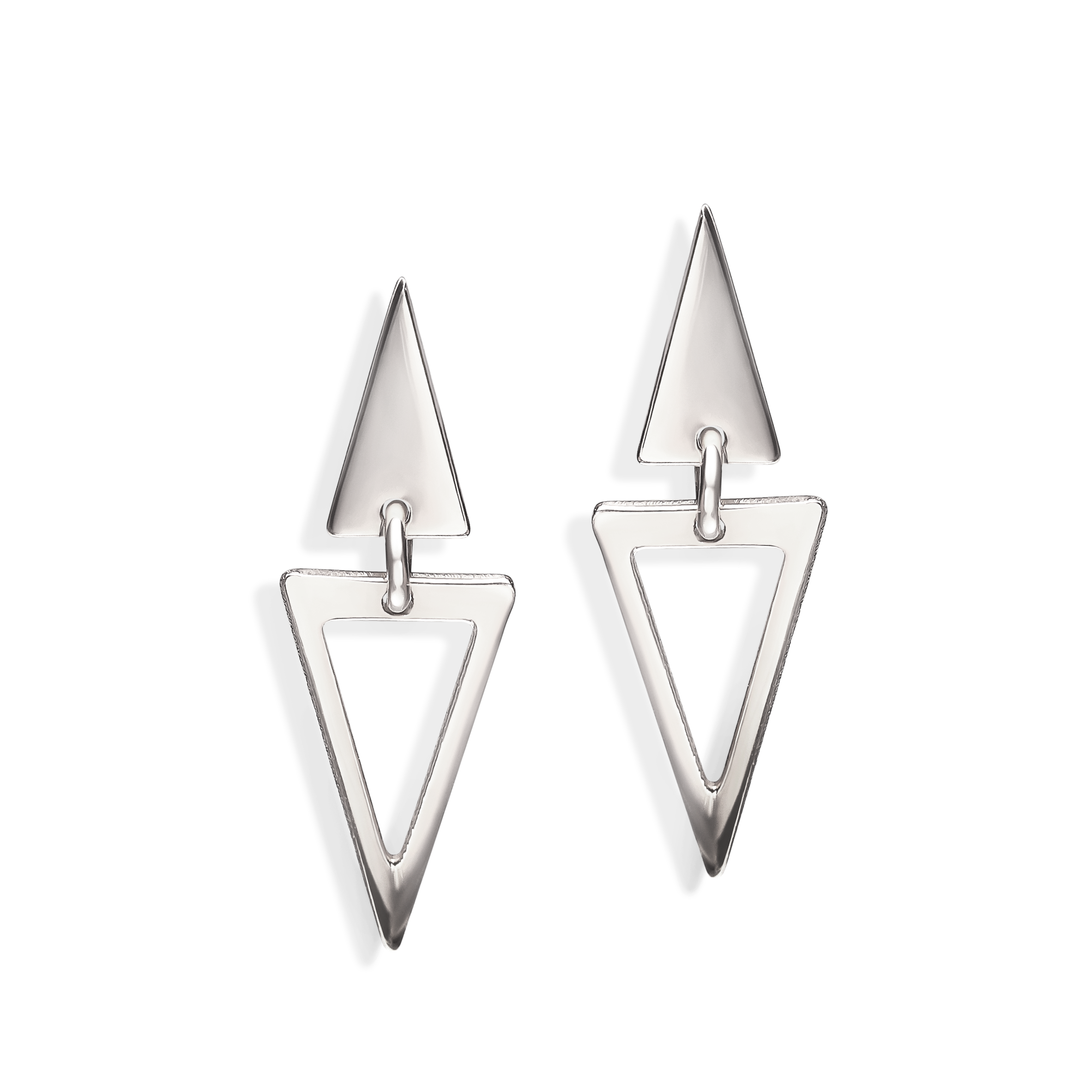 Kolczyki wiszące trójkąty z białego złota na sztyfcie, próba 585