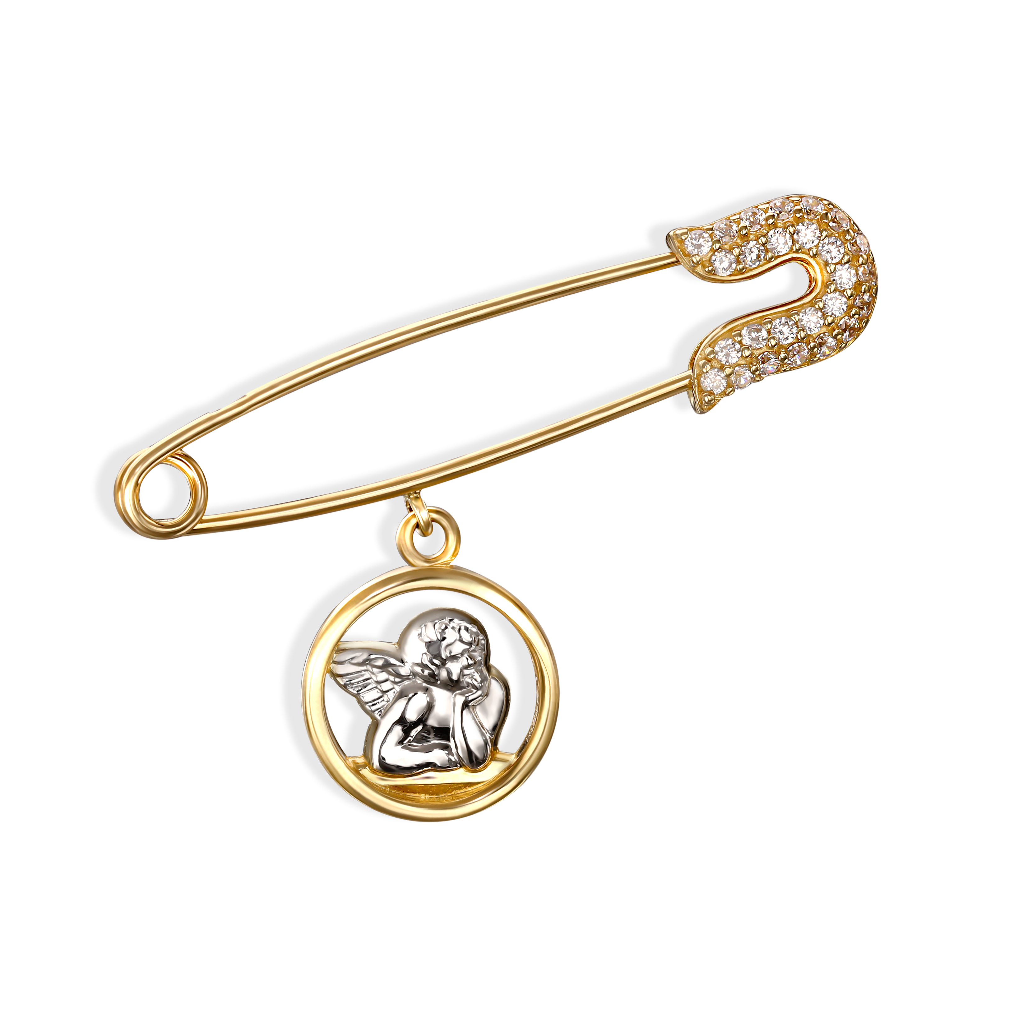 Złota agrafka z cyrkoniami i z zawieszką aniołkiem, próba 585