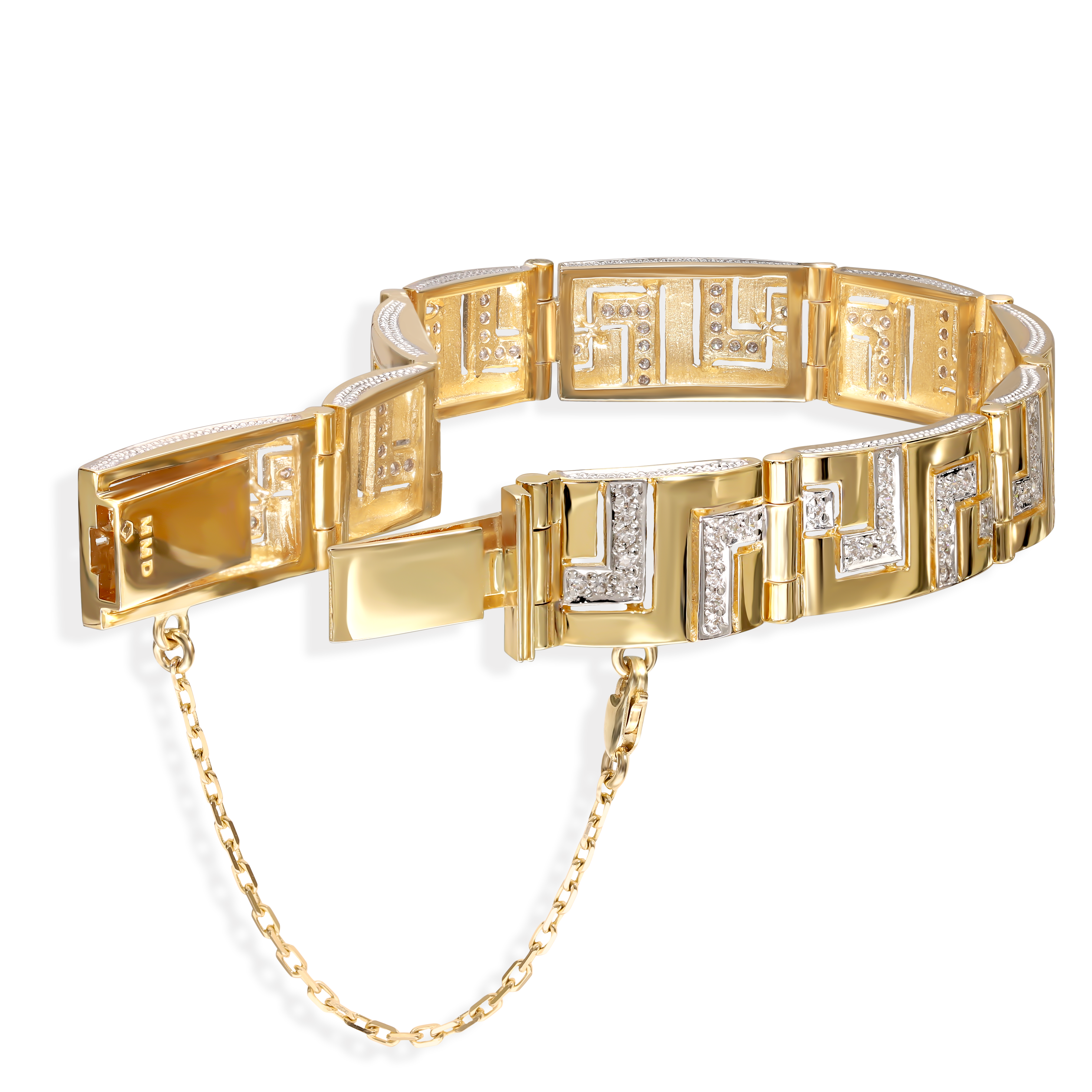 Bransoleta złota z greckim wzorem i białymi cyrkoniami, próba 585