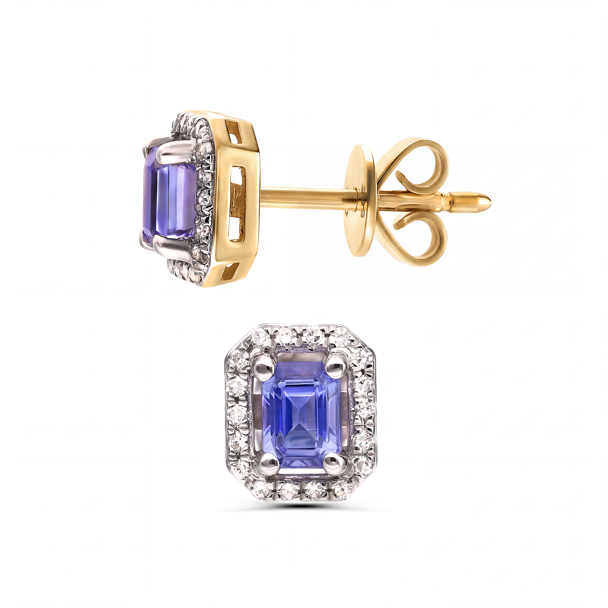 Kolczyki złote z tanzanitem 0.42 ct i diamentami naturalnymi 0.02 ct, sztyft, próba 585