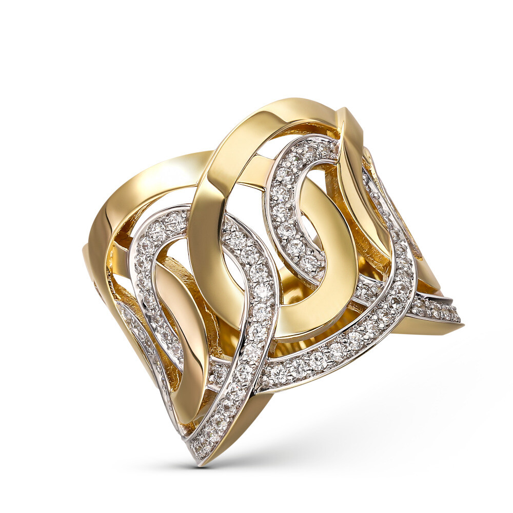 Szeroki luksusowy pierścionek złoty z białymi cyrkoniami, rozmiar 16, próba 585