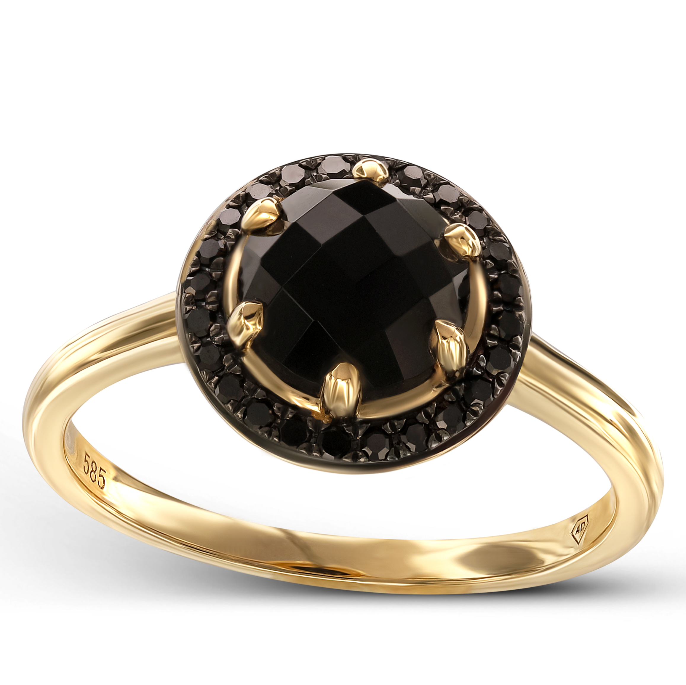 Pierścionek złoty z czarnym agatem i czarnymi diamentami naturalnymi, próba 585