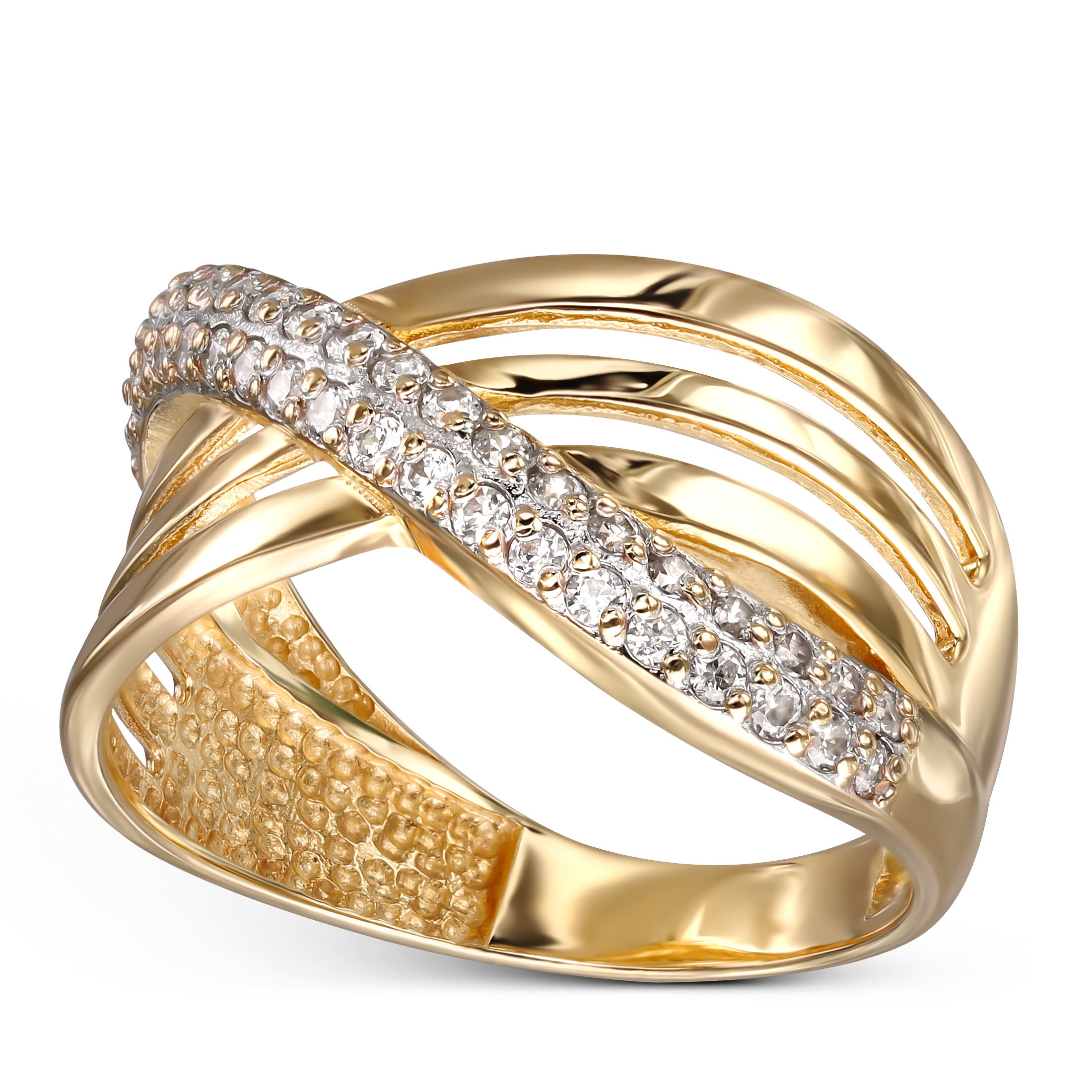 Szeroki pierścionek złoty plecionka z cyrkoniami, próba 585