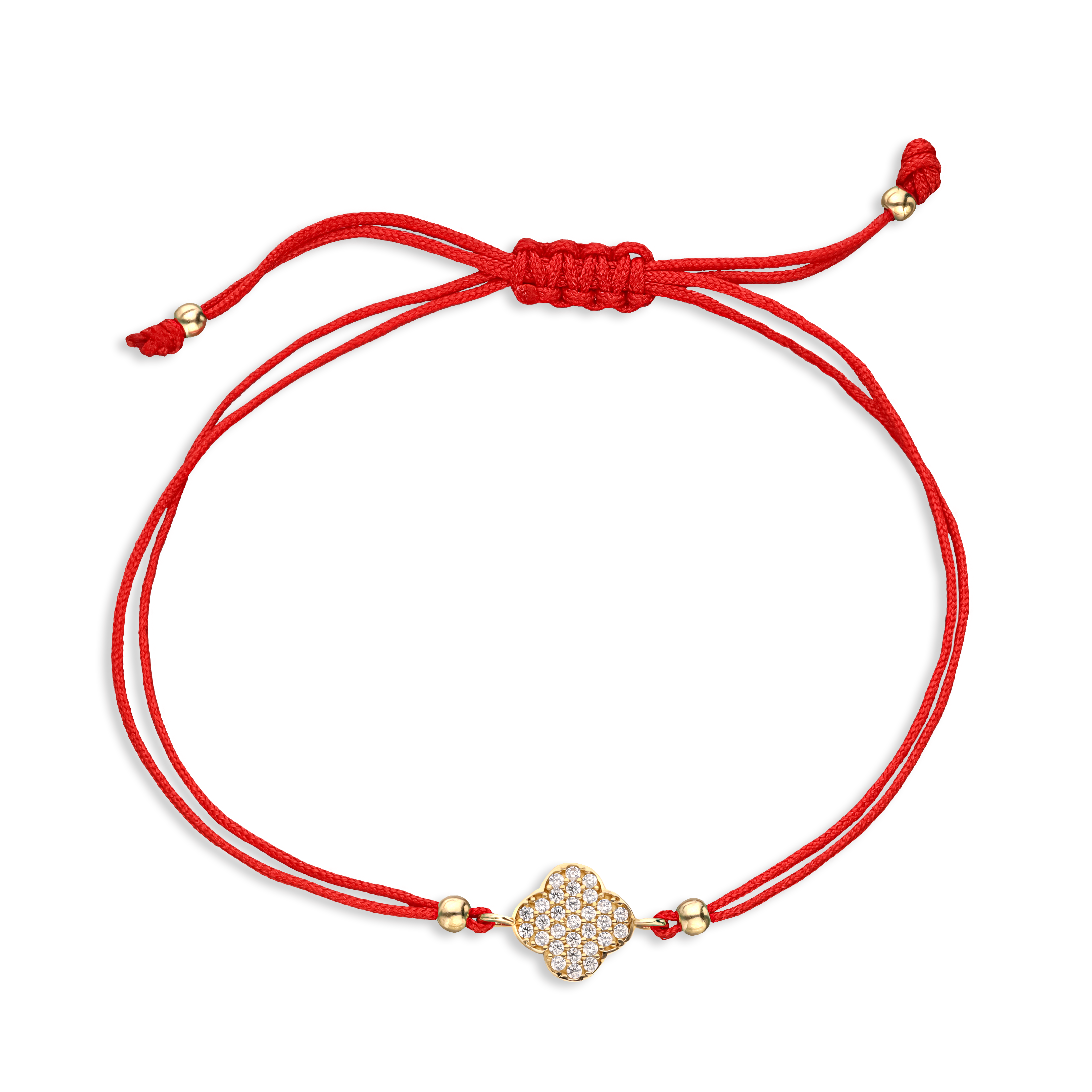Bransoletka na czerwonym sznurku ze złotą koniczynką marokańską z cyrkoniami, próba 585