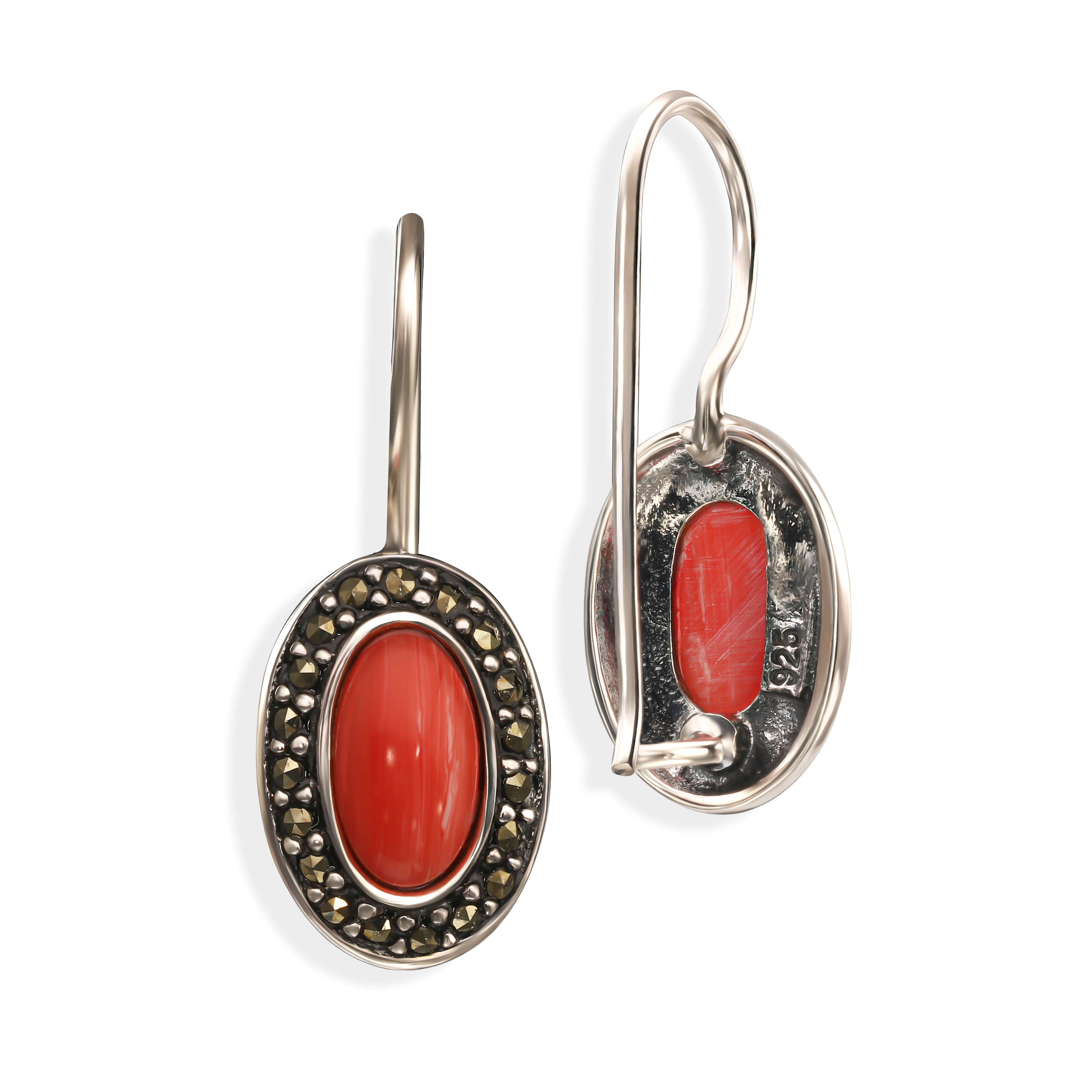 Srebrne vintageowe kolczyki z koralem i markazytami, próba 925