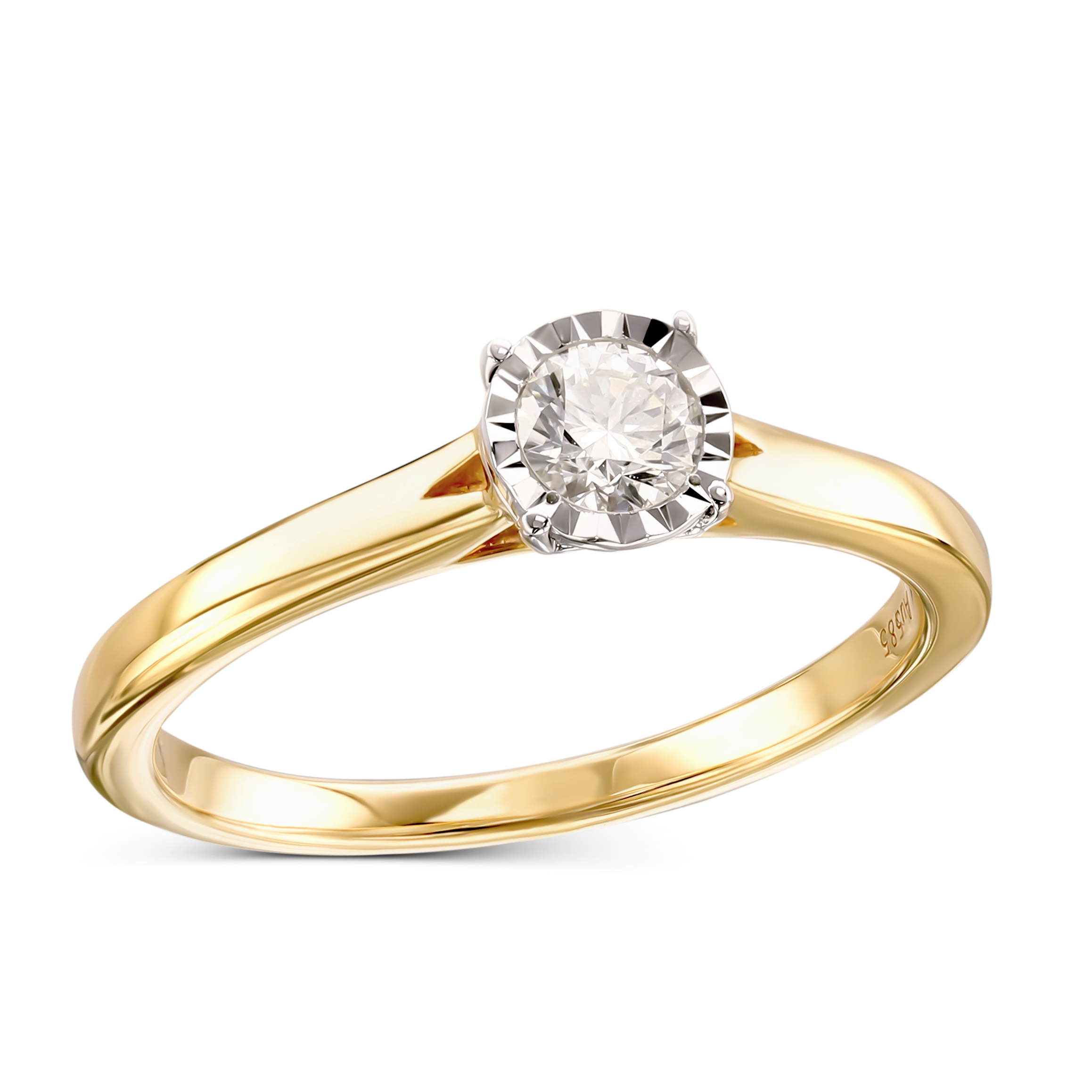 Pierścionek złoty z diamentem naturalnym 0.19 ct w koronie z motywem serca, próba 585