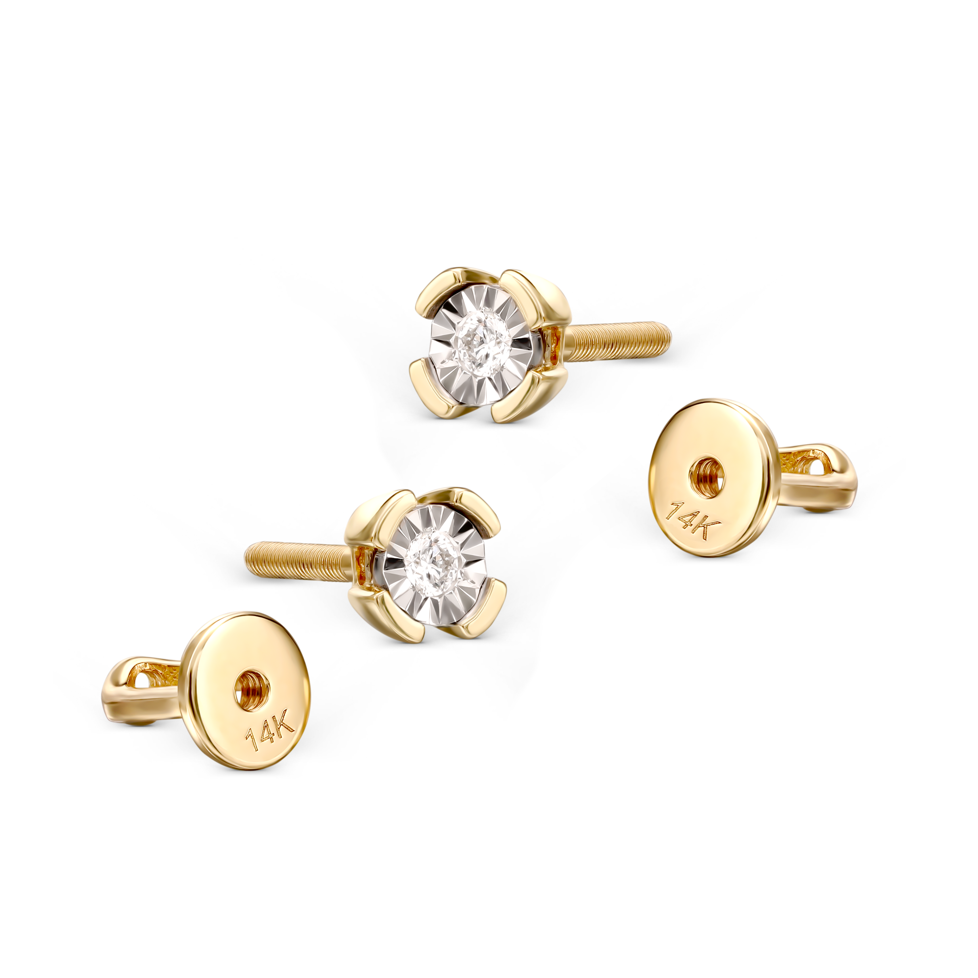 Kolczyki złote sztyfty z diamentami, sztyft zakręcany z gwintem, próba 585