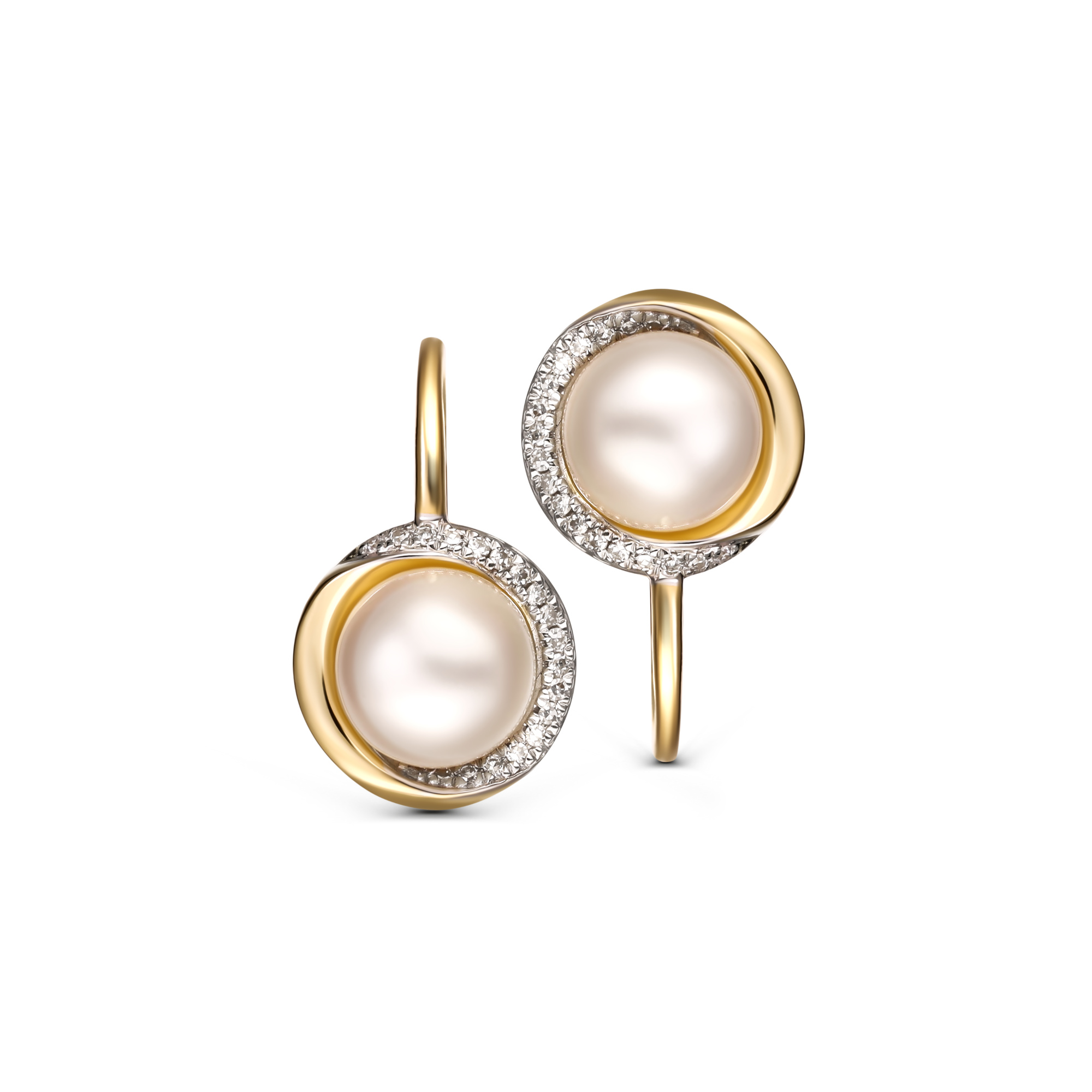 Kolczyki złote z perłami i diamentami naturalnymi, próba 585
