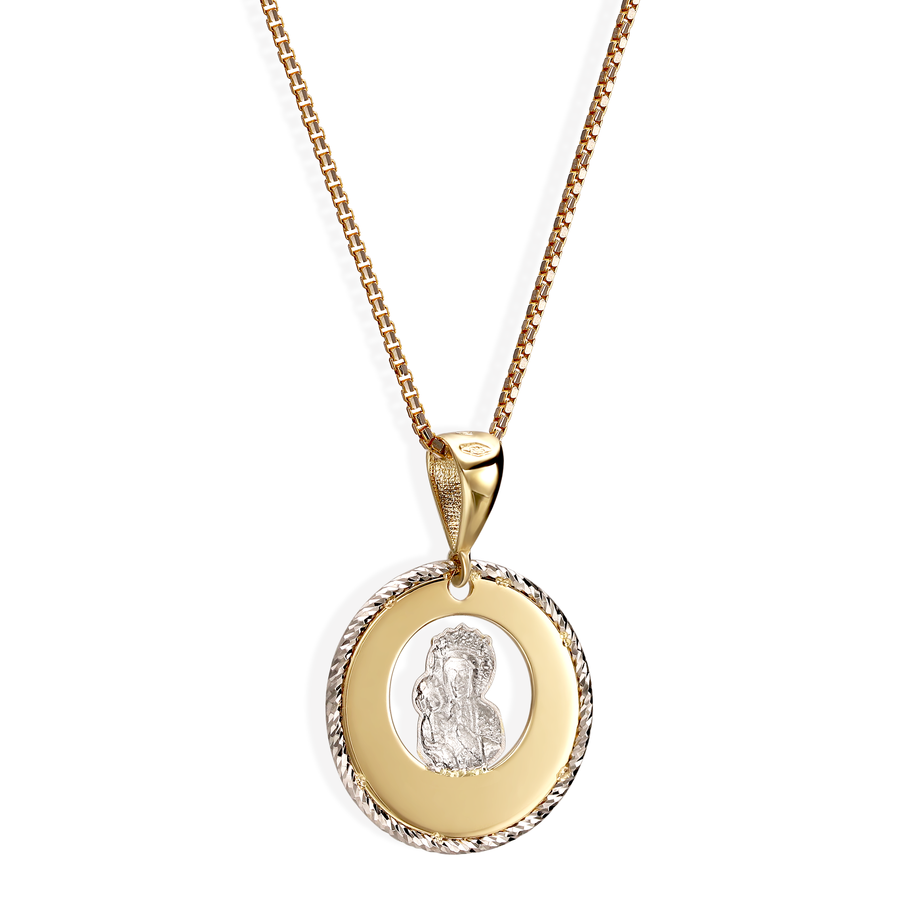 Złoty medalik okrągły z Matką Boską Częstochowską, żółto-białe złoto, próba 585