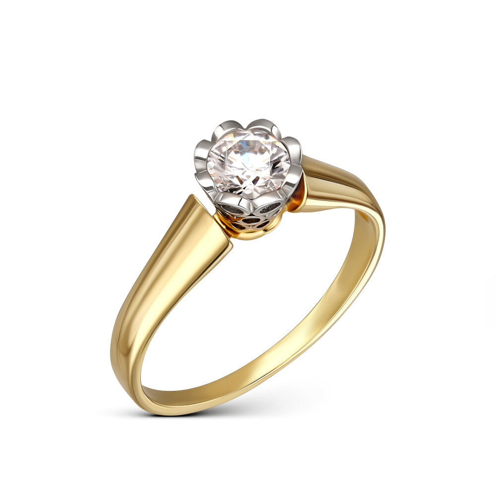 Nowoczesny pierścionek złoty z białą cyrkonią w wysokiej koronie, rozmiar 12, próba 585