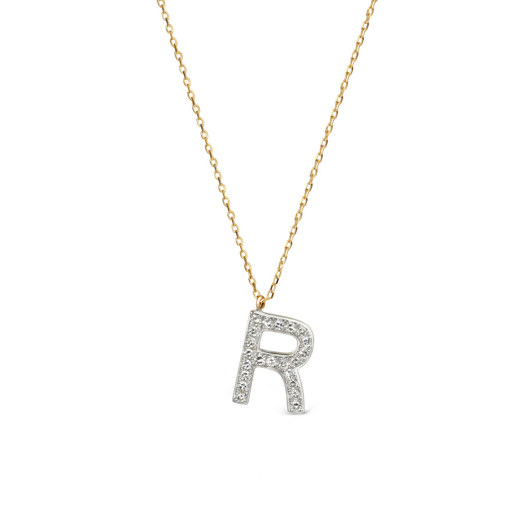 Naszyjnik złoty z literką R z diamentami, próba 585