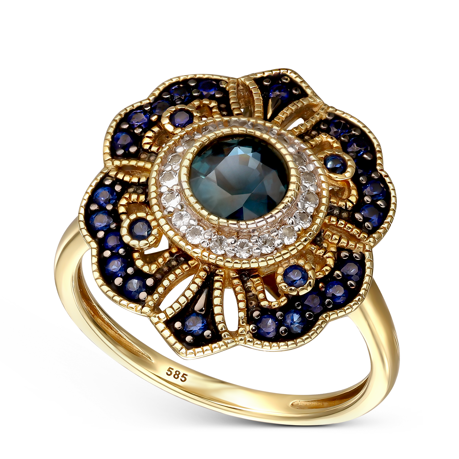 Pierścionek złoty z szafirami i topazami Vintage, próba 585