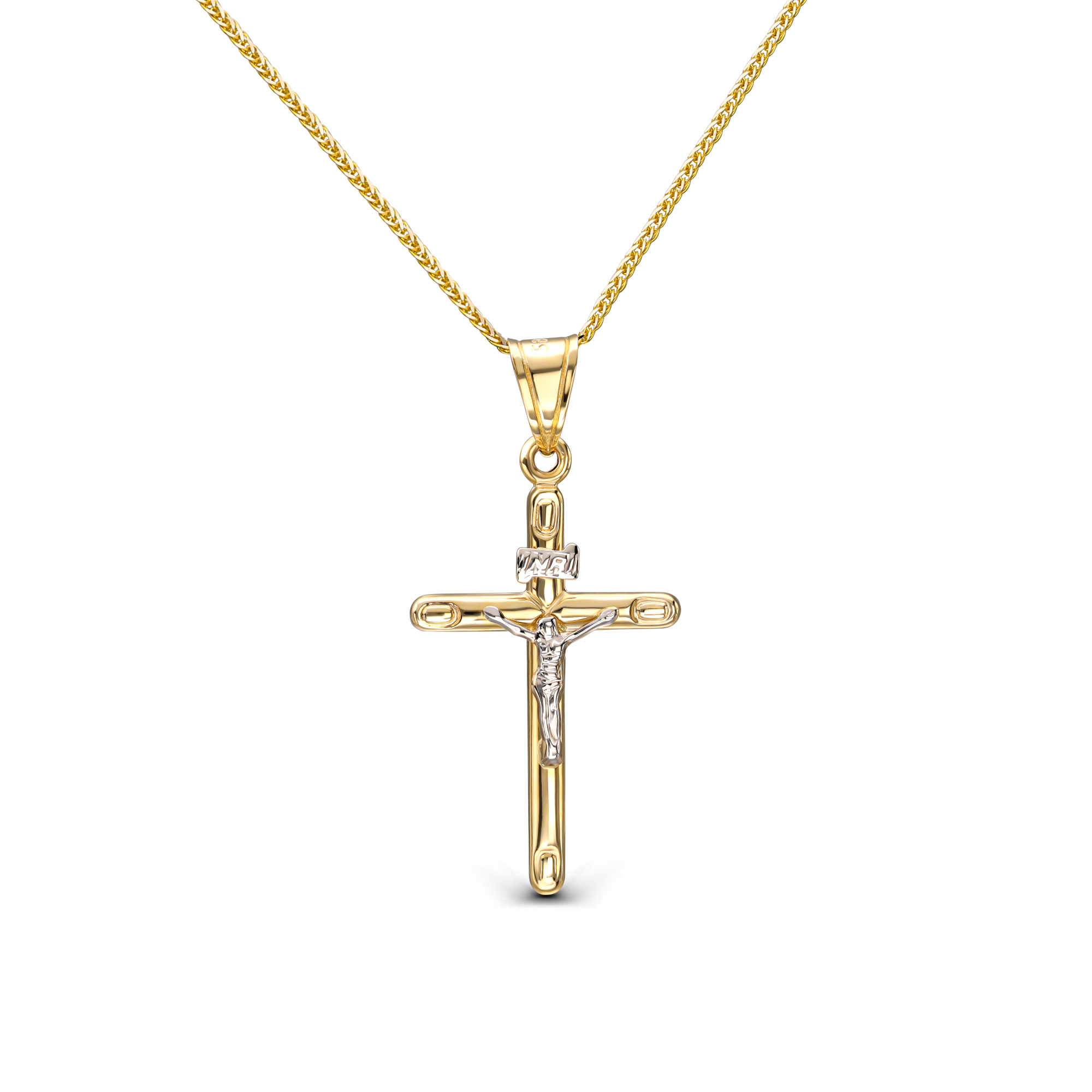 Krzyżyk złoty z Jezusem i titulusem rodowanym, próba 585