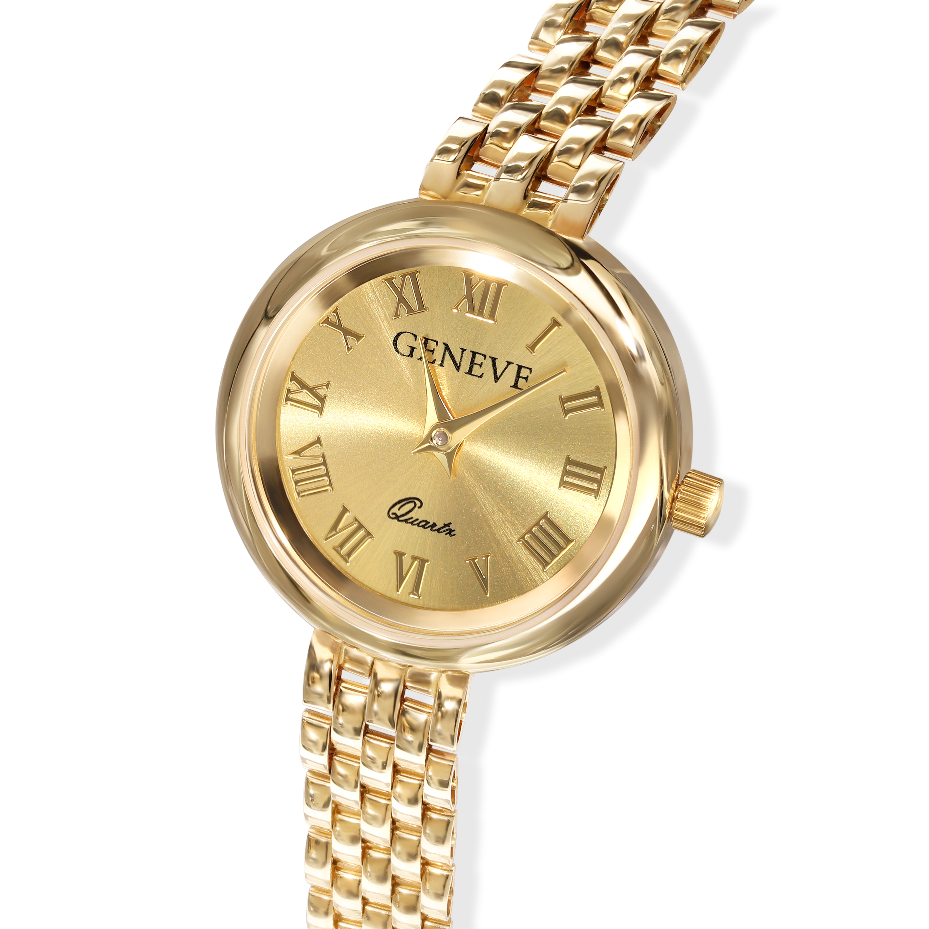 Złoty zegarek damski GENEVE z okrągłą tarczą, rzymskie indeksy, próba 585