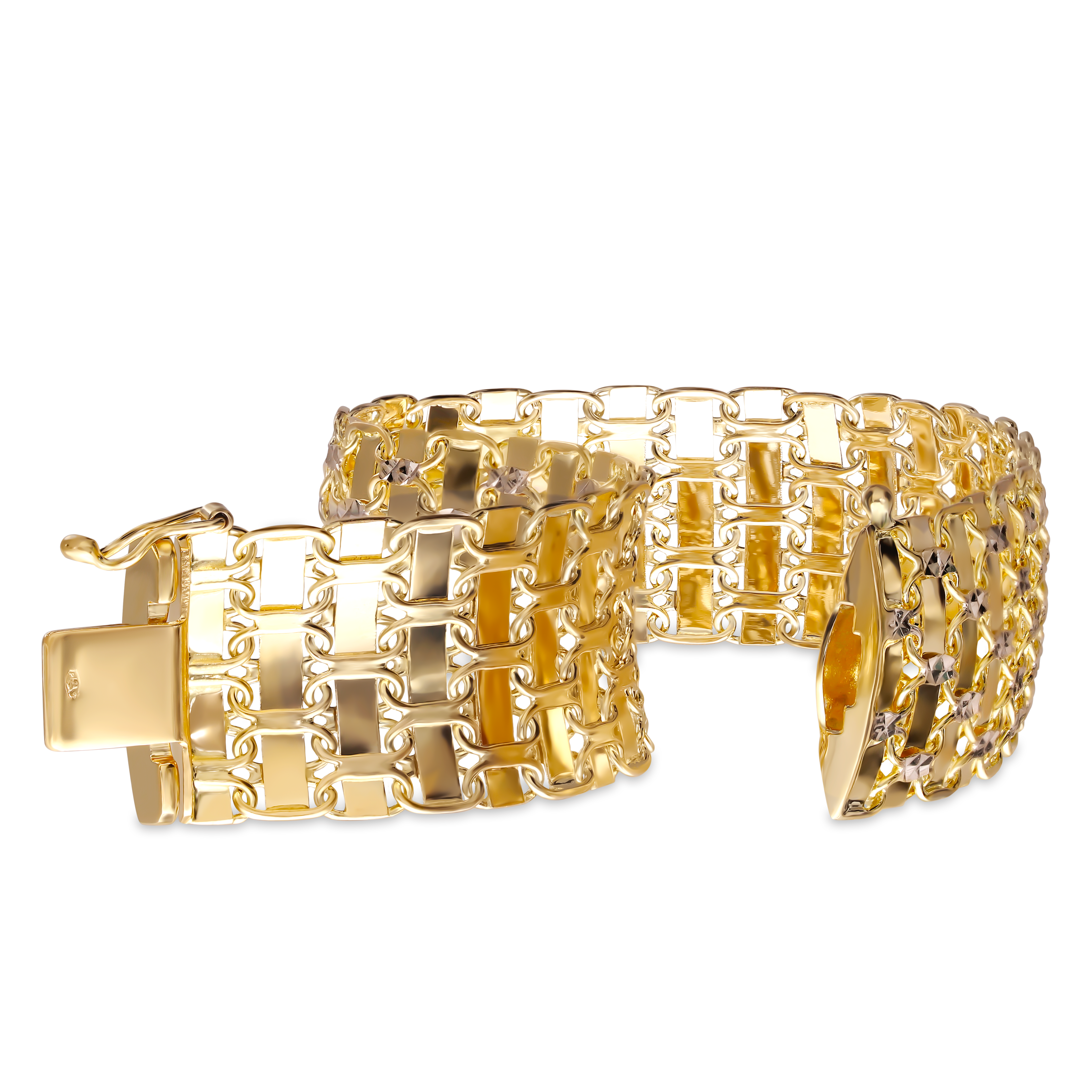 Złota szeroka bransoleta z ażurowym wzorem, próba 585