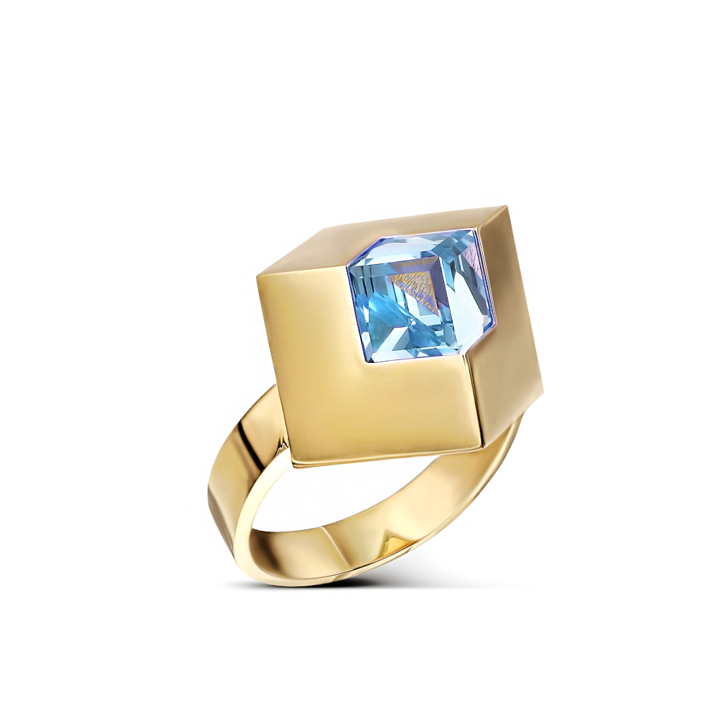 Pierścionek złoty kostka z błękitnym kryształem Swarovskiego, rozmiar 15, próba 585