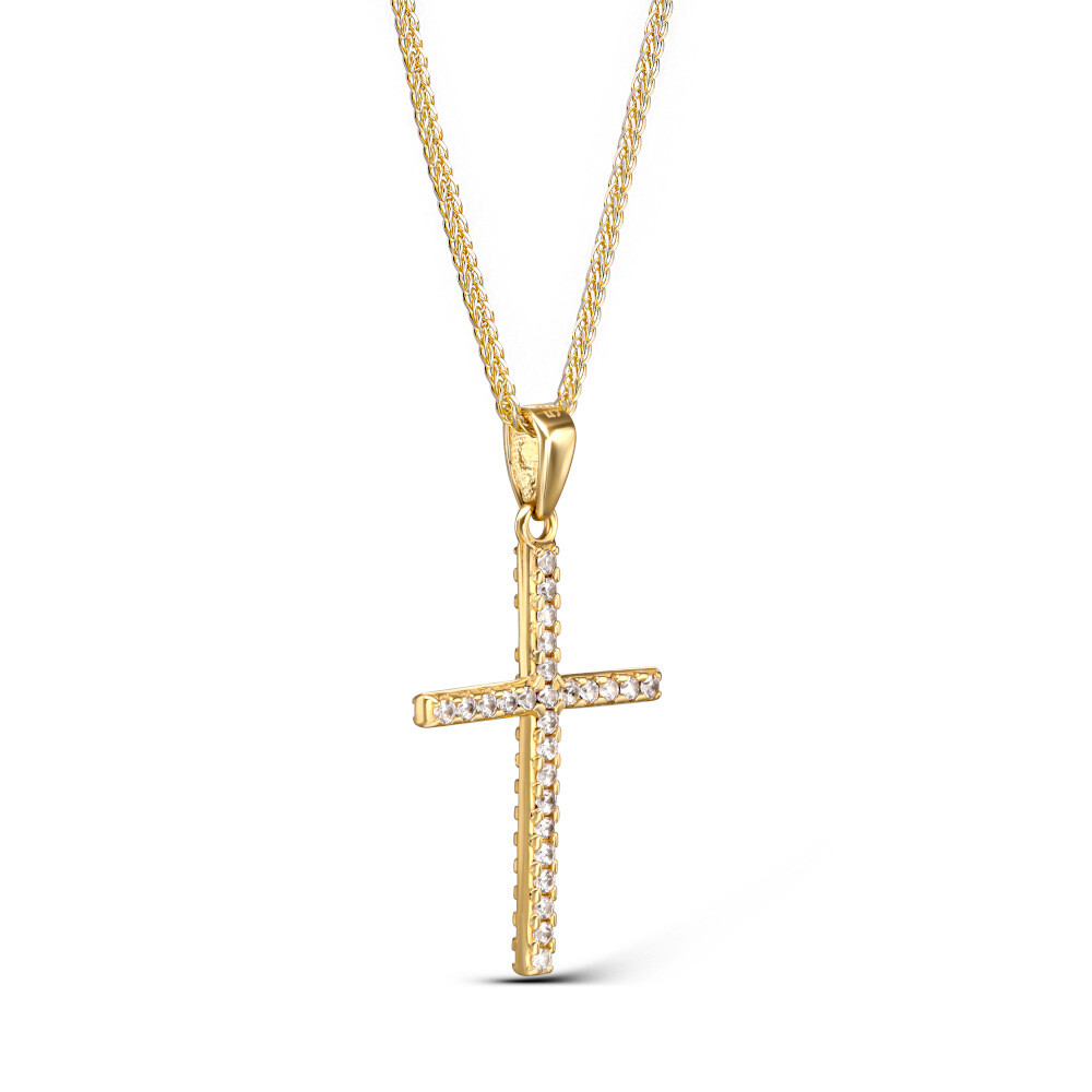 Krzyżyk złoty dwustronny z białymi i kolorowymi cyrkoniami, próba 585