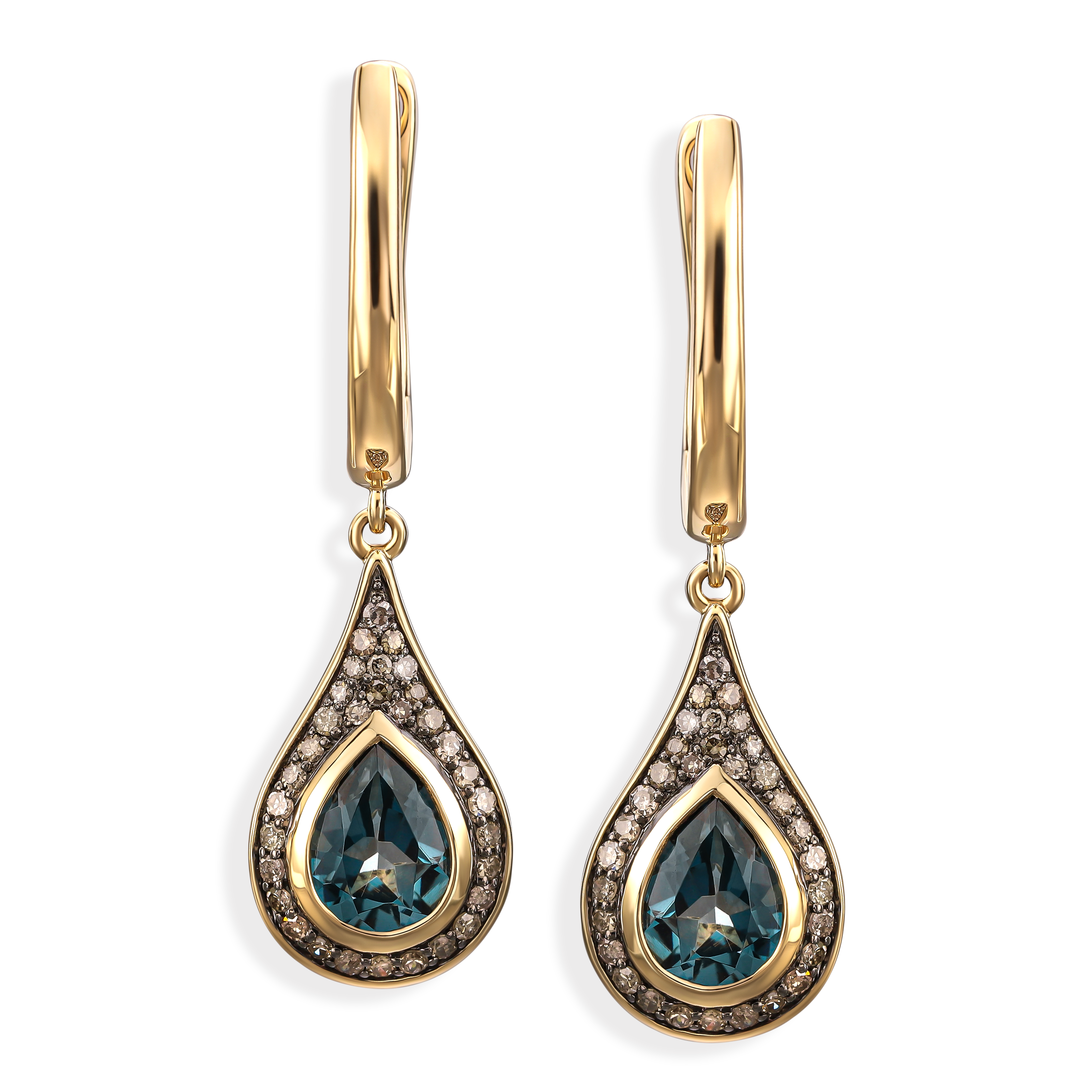 Kolczyki złote z topazem london blue i diamentami naturalnymi 0,29 ct, próba 585