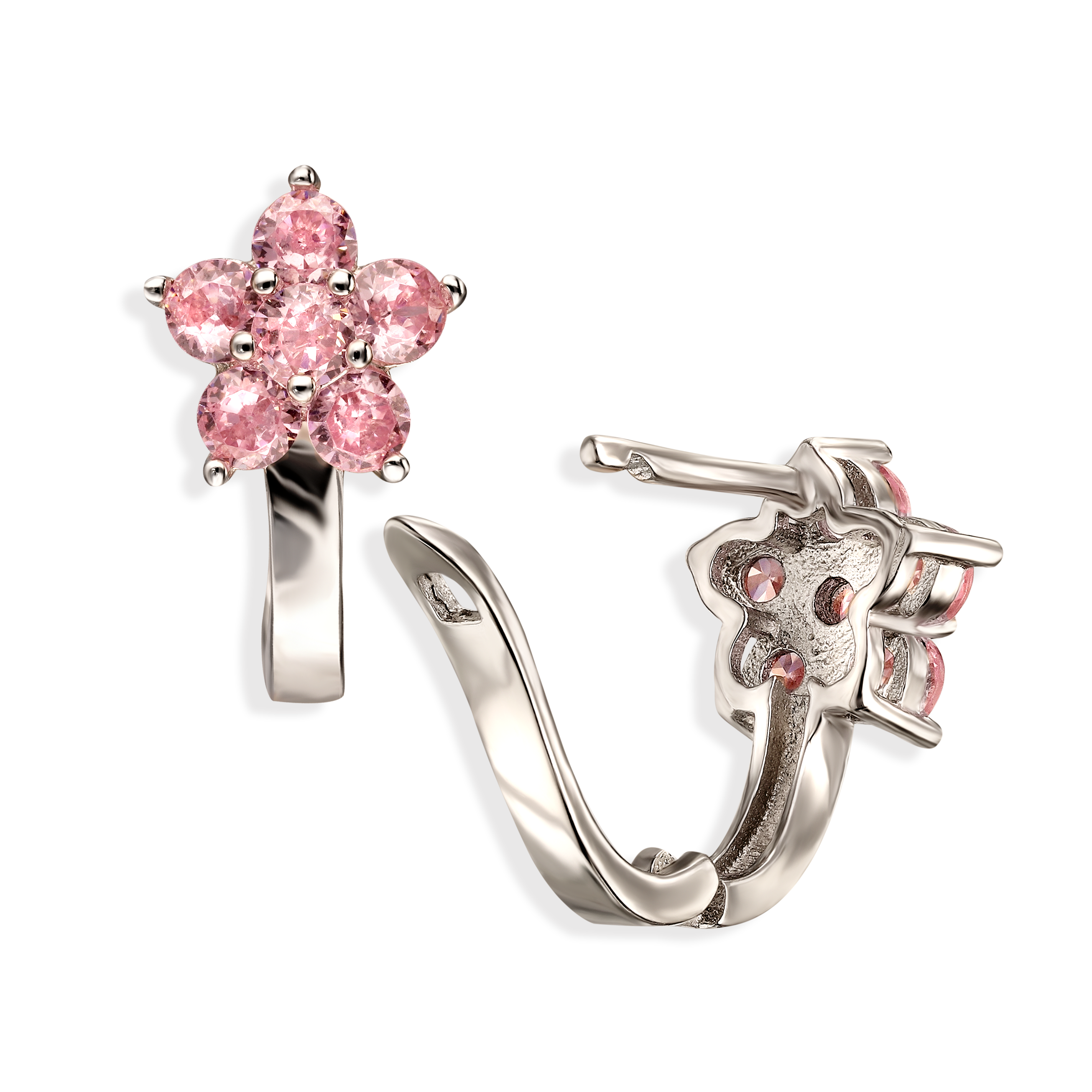 Kolczyki srebrne kwiatki z różowymi cyrkoniami, próba 925