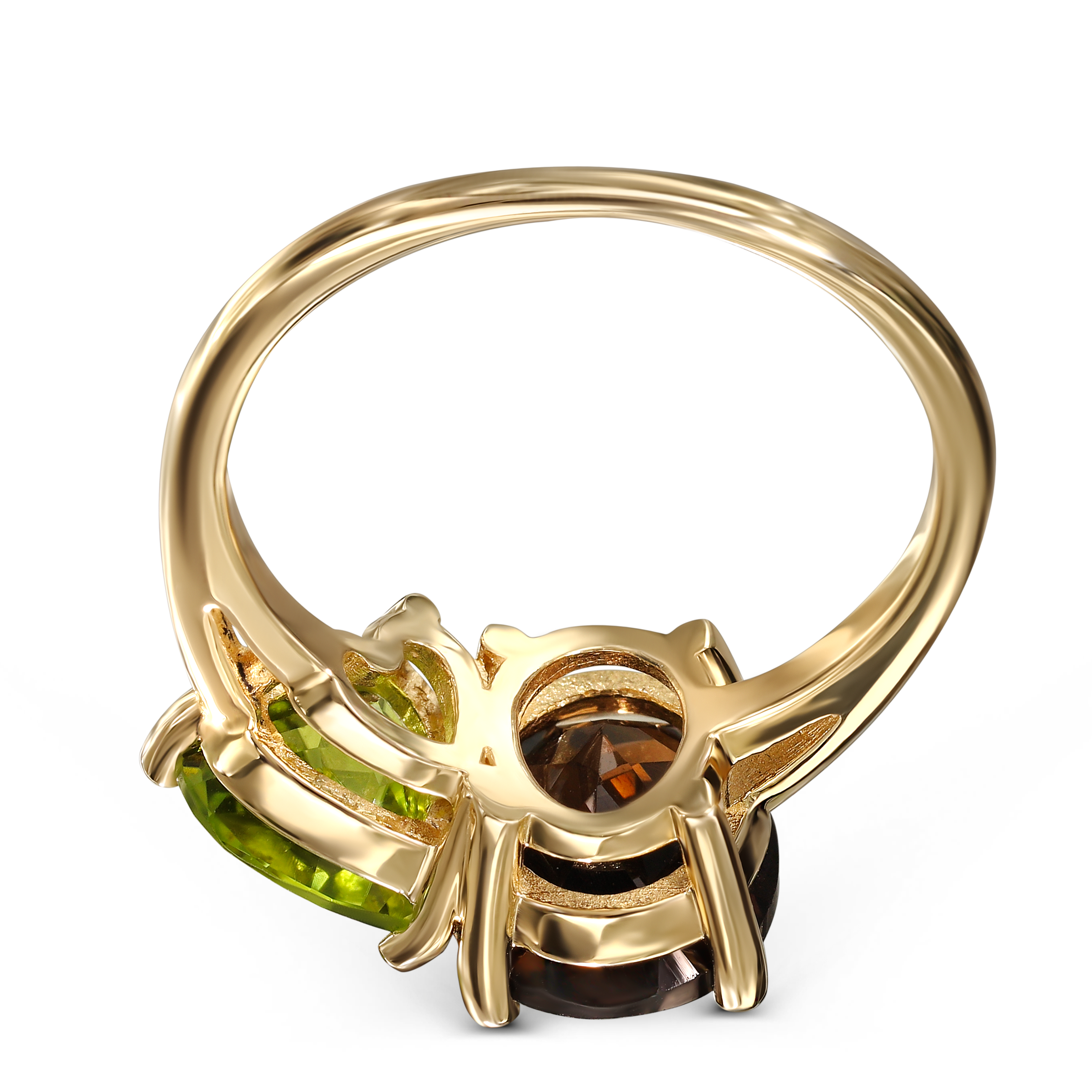 Pierścionek złoty vintage z kwarcem dymnym i oliwinem naturalnym, próba 585
