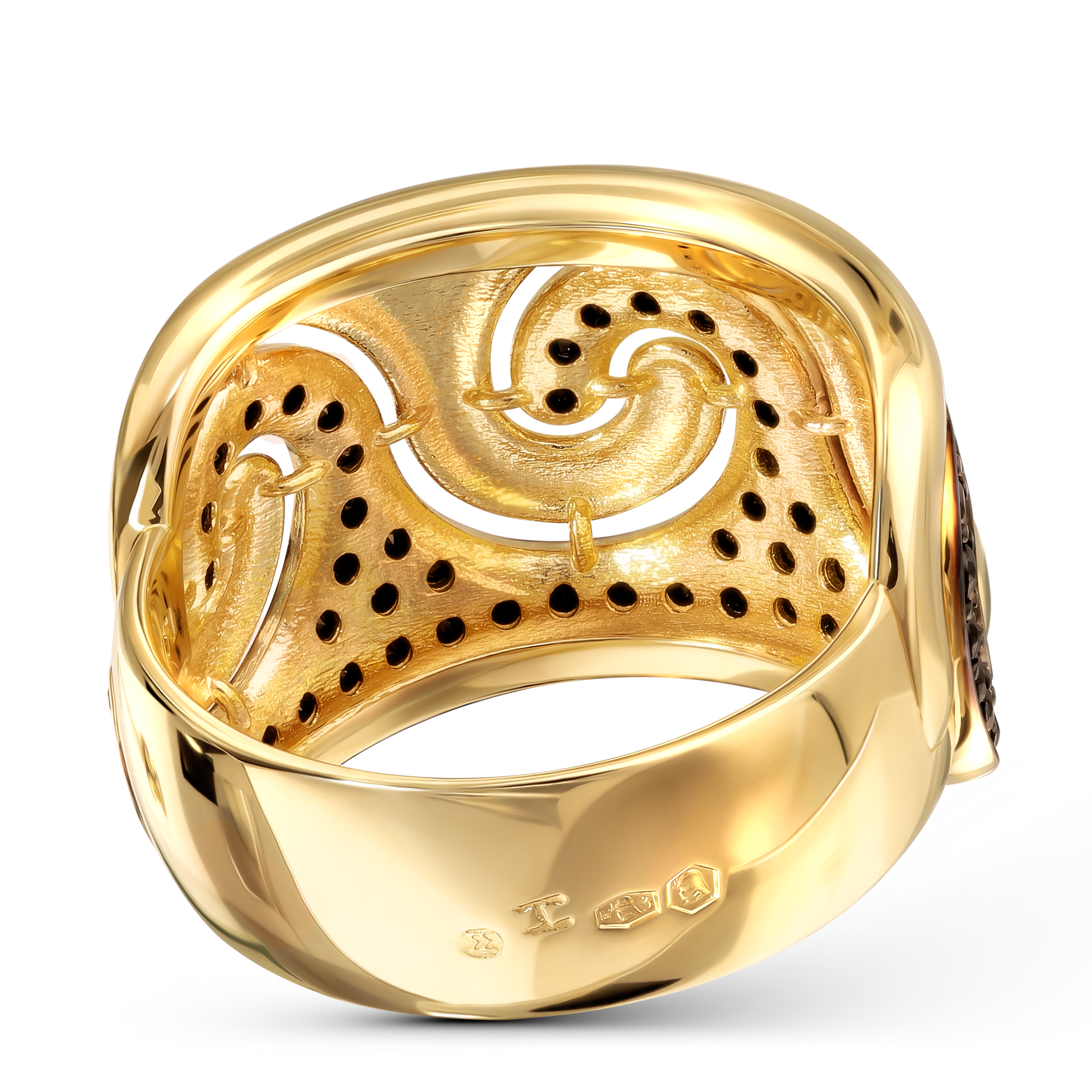 Złoty szeroki pierścionek ze wzorem fali i czarnymi cyrkoniami, próba 585