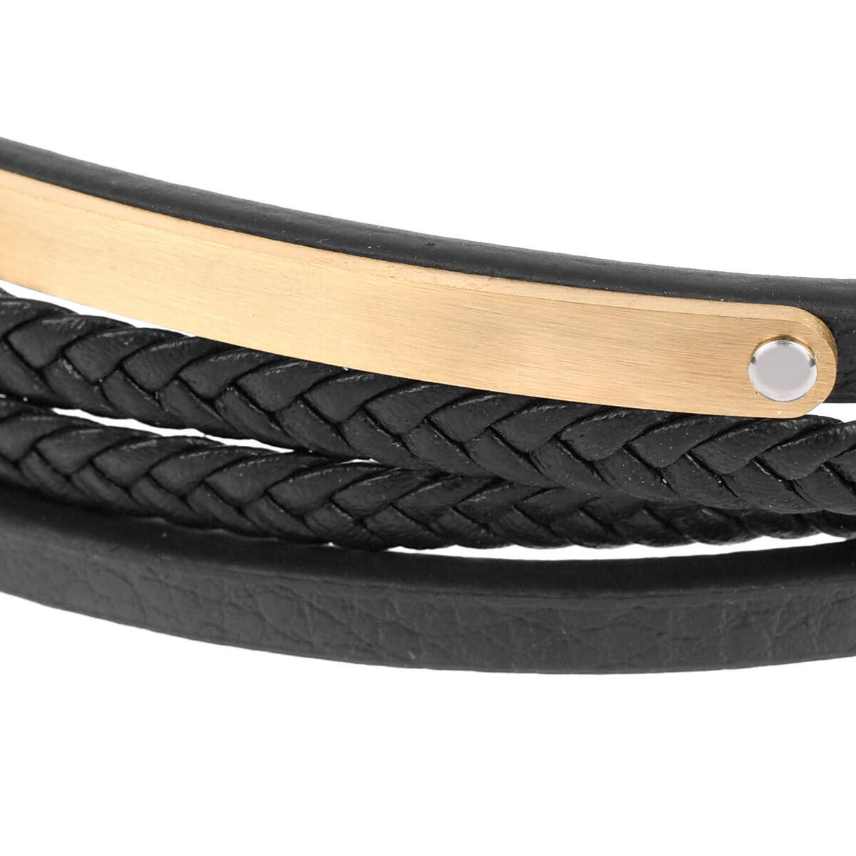 Bransoleta męska z czarnej skóry naturalnej ze stalową blaszką w kolorze złotym