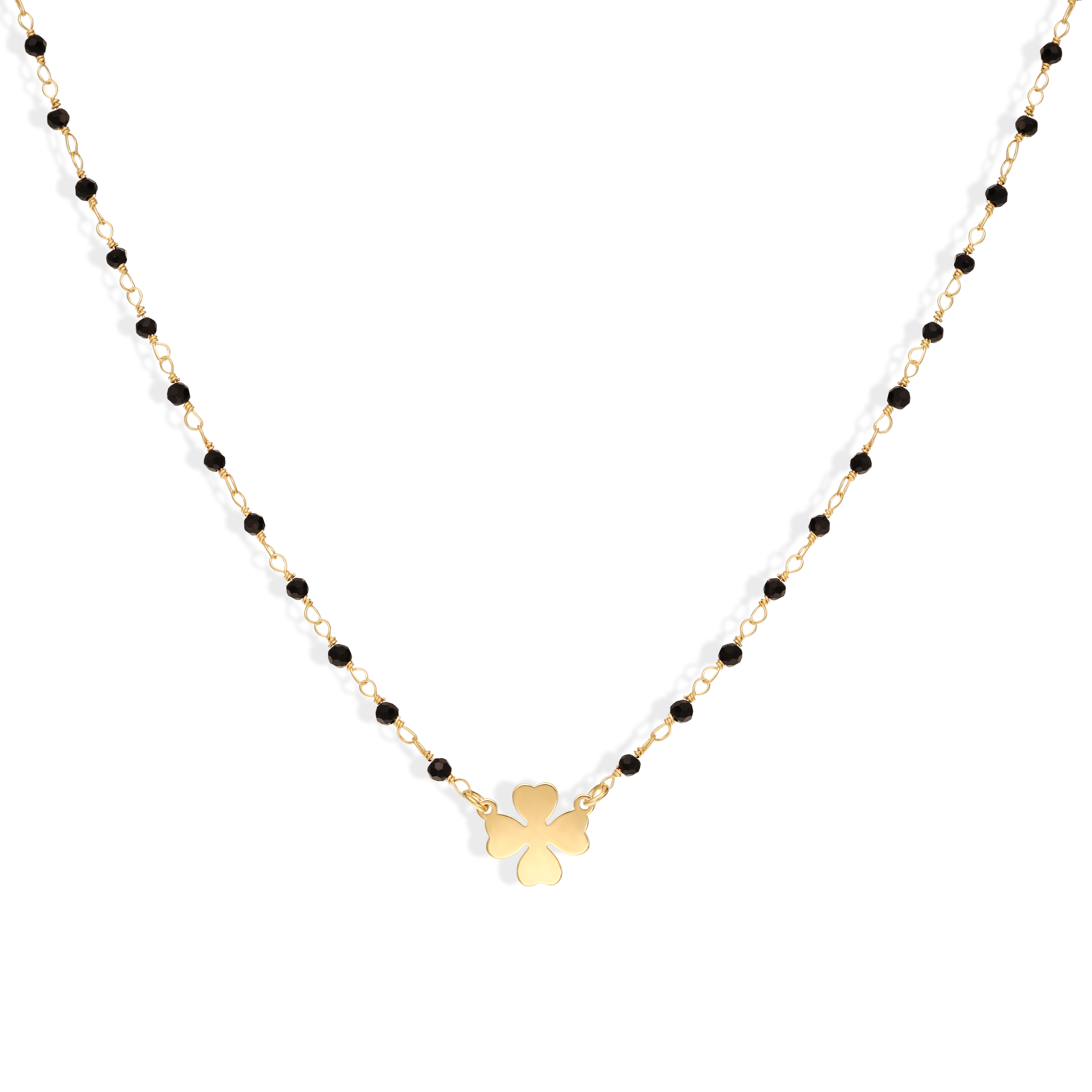 Naszyjnik srebrny pozłacany z czarnymi koralikami i koniczynką, próba 925