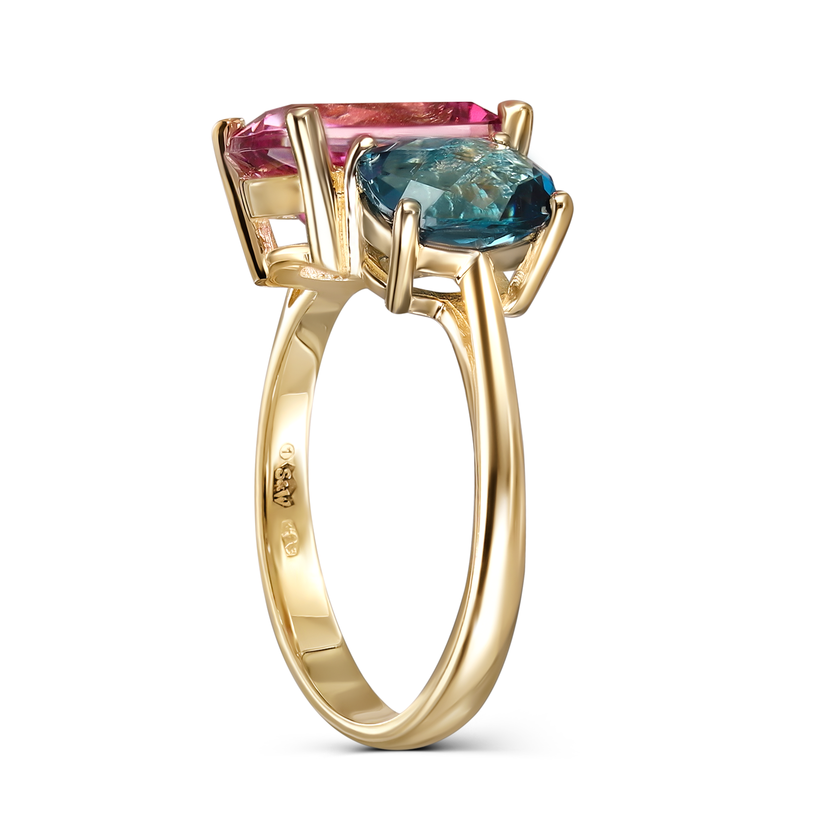 Pierścionek złoty z Pink Topazem 4.55 ct i Topazem London Blue 1.85 ct, próba 585