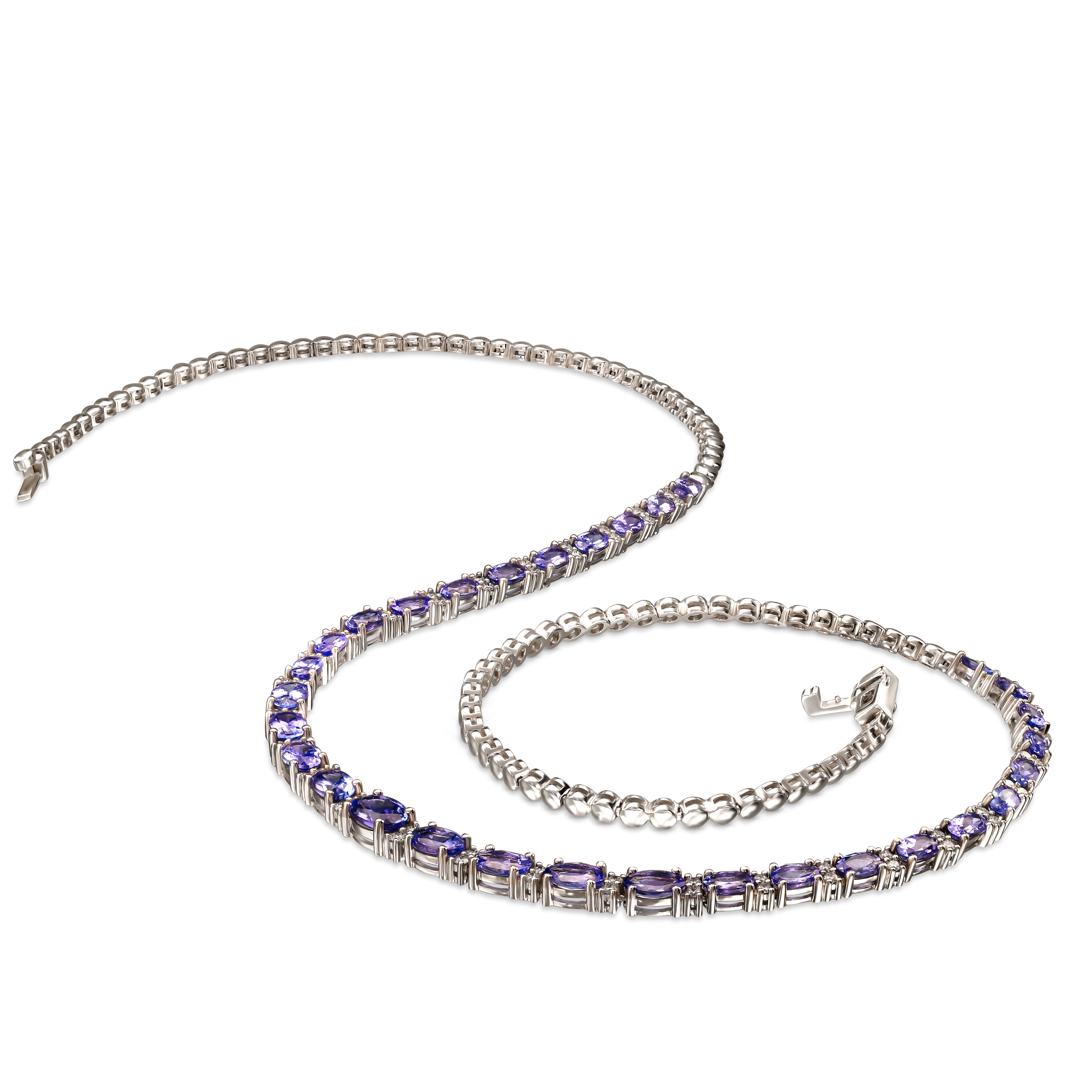 Luksusowa kolia z białego złota z tanzanitami i diamentami, próba 585