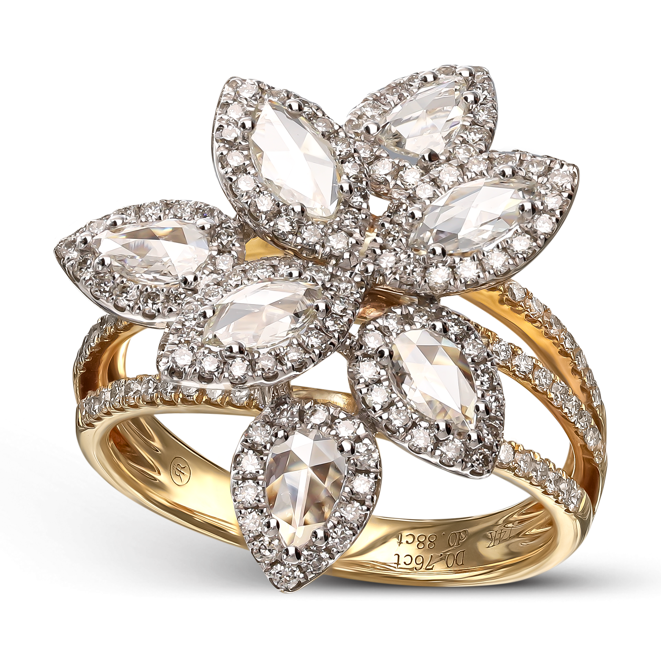Unikatowy pierścionek złoty kwiat z diamentami naturalnymi 1,64 ct, próba 585