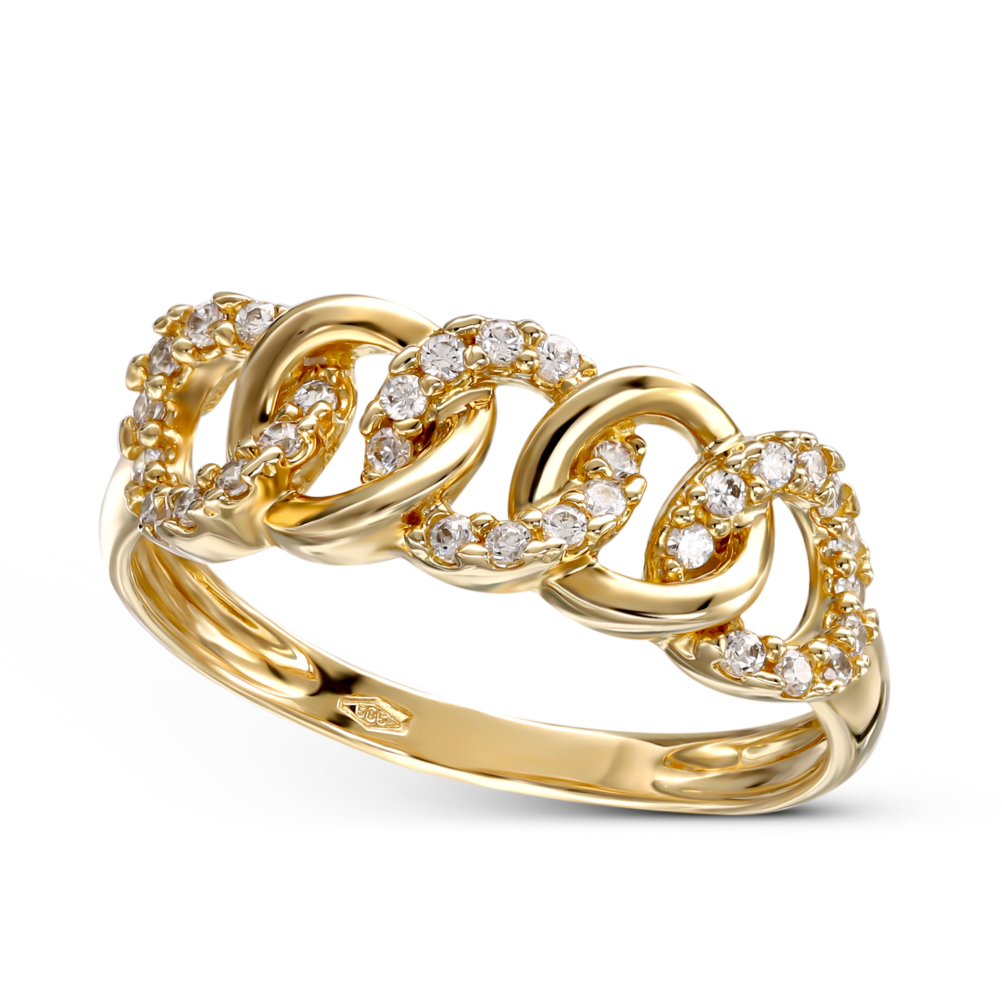 Pierścionek złoty plecionka z białymi cyrkoniami, rozmiar 17, próba 585