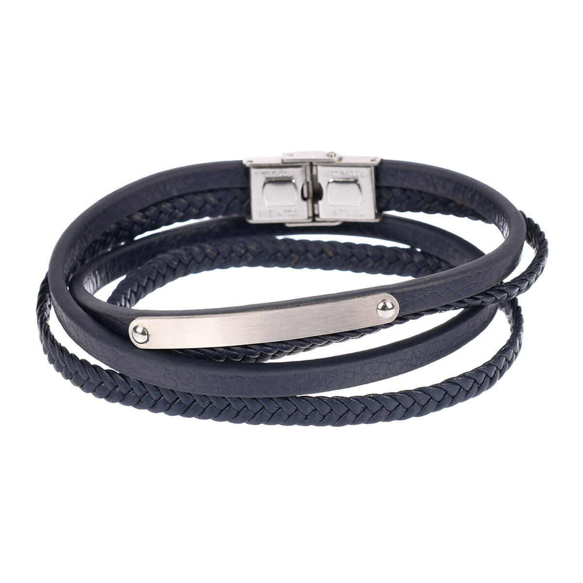 Bransoleta męska z granatowej skóry naturalnej ze stalową blaszką w kolorze stalowym