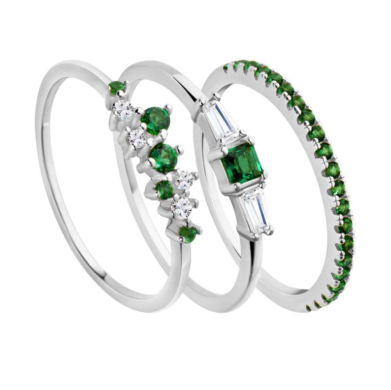 Pierścionek srebrny potrójny z zielonymi i białymi cyrkoniami, próba 925
