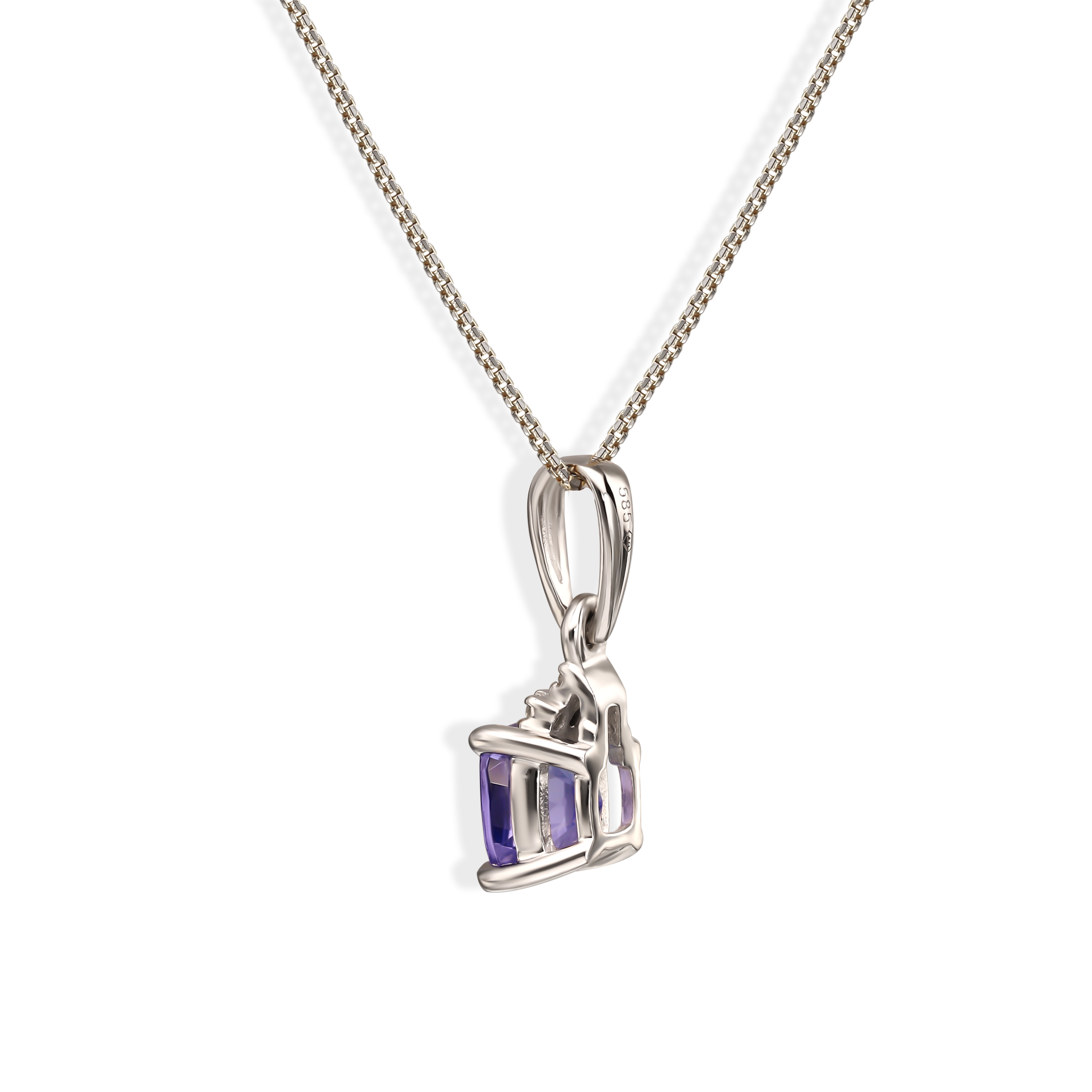 Zawieszka z białego złota z tanzanitem w szlifie poduszka oraz diamentami, próba 585