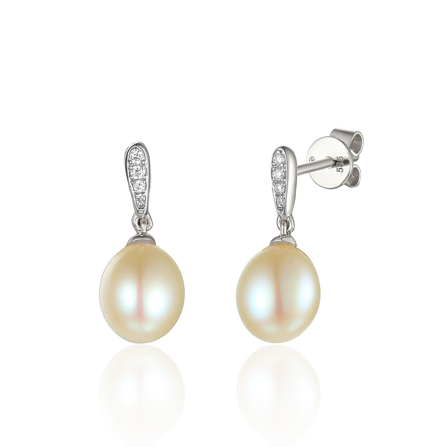 Kolczyki z białego złota z perłami hodowanymi i diamentami naturalnymi, próba 585