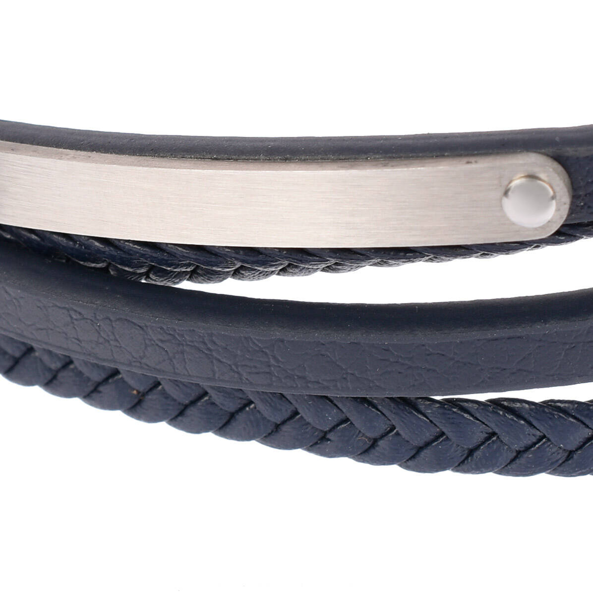 Bransoleta męska z granatowej skóry naturalnej ze stalową blaszką w kolorze stalowym