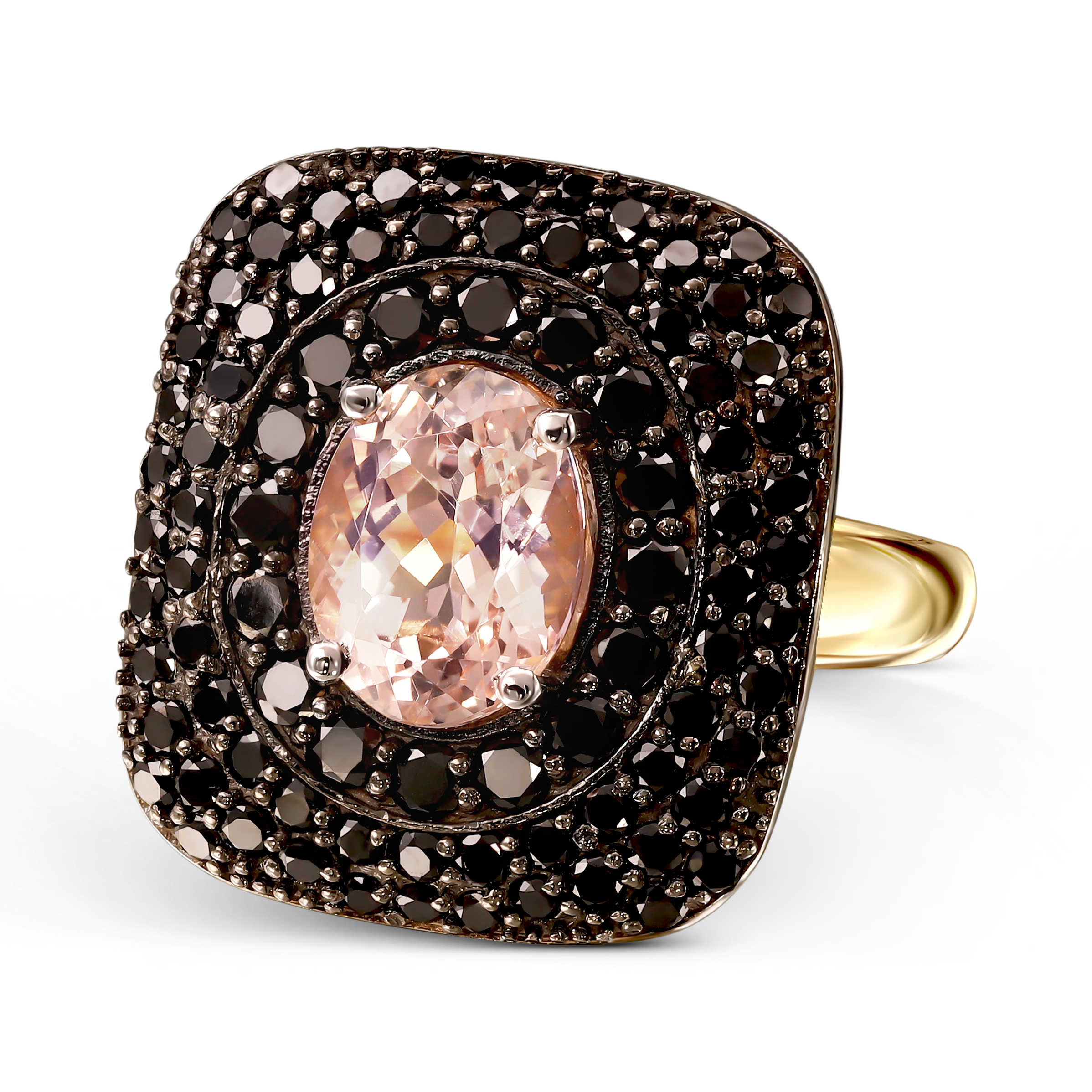 Pierścionek złoty vintage z morganitem i czarnymi diamentami naturalnymi, próba 585