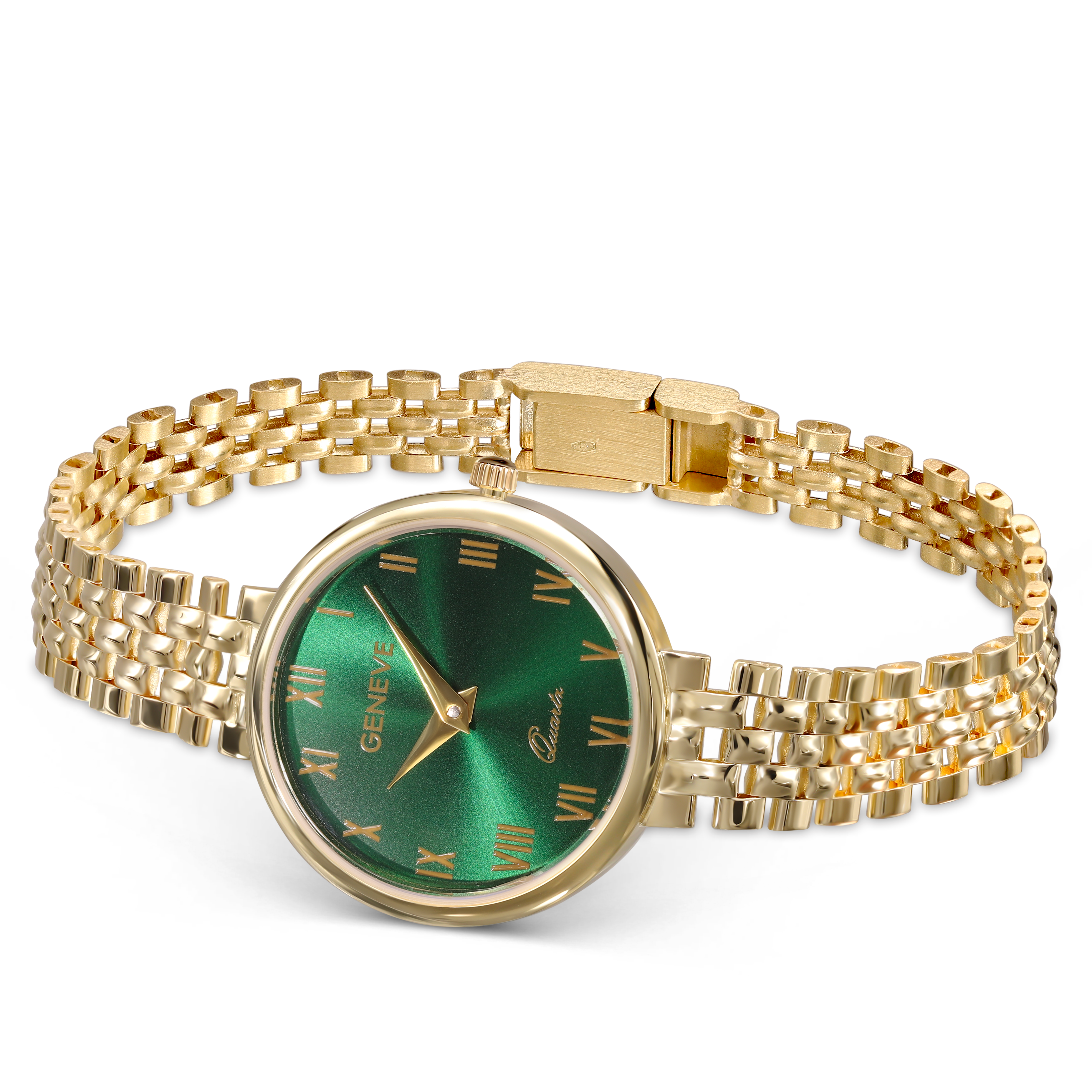 Elegancki złoty zegarek z zieloną tarczą, próba 585