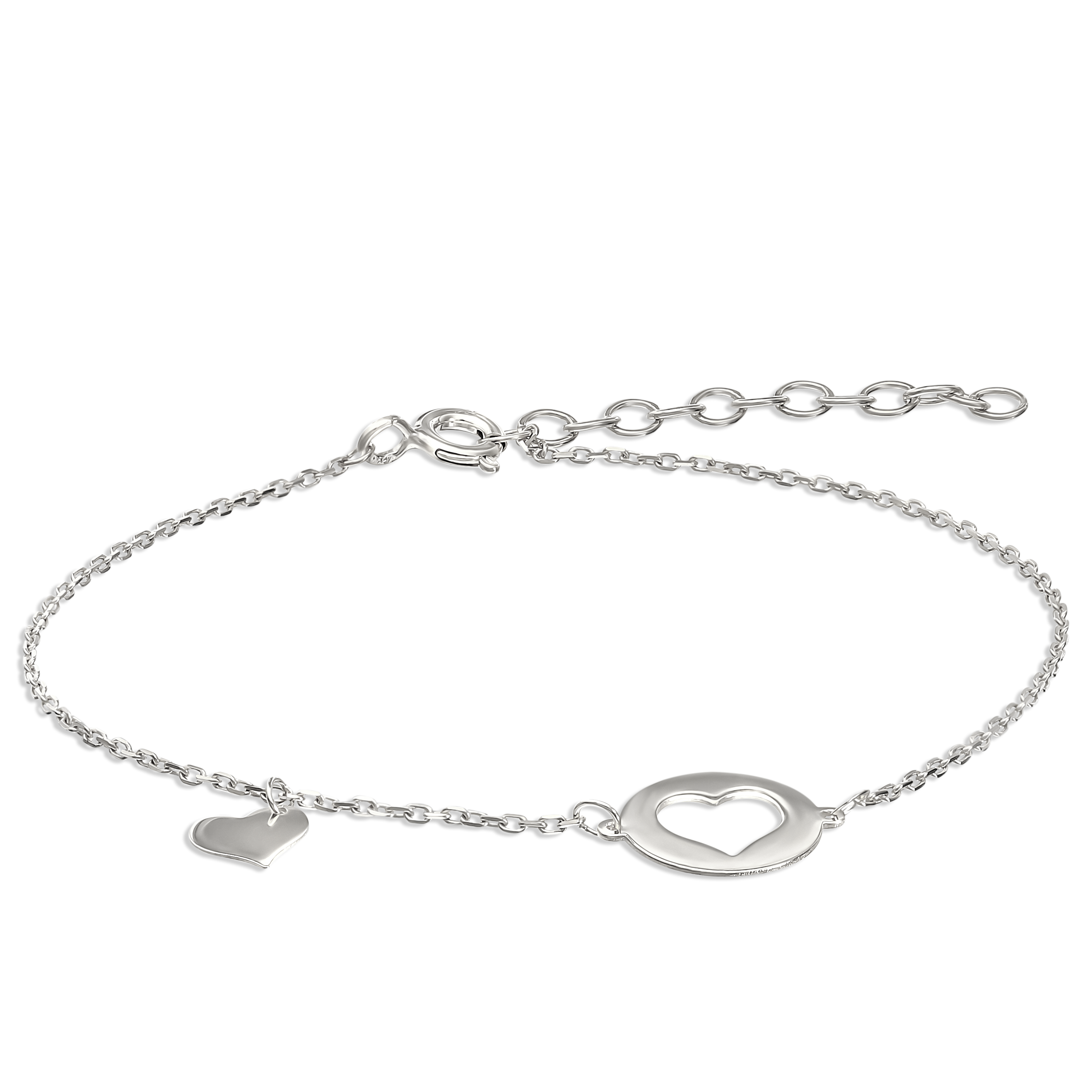 Bransoletka srebrna z zawieszkami z motywem serc, próba 925